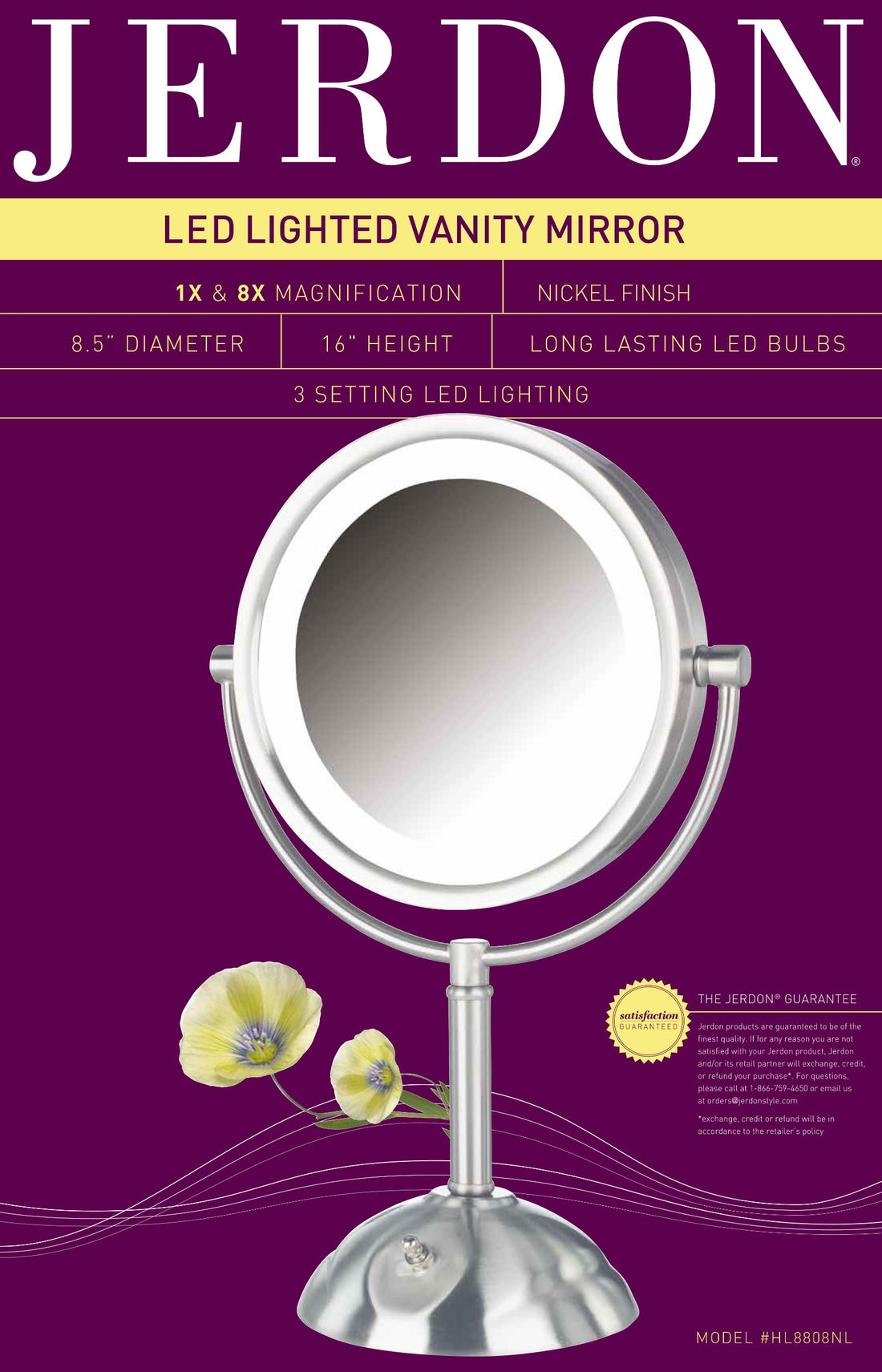 Jerdon Lighted Tabletop Makeup Mirror - Halo Lighted Makeup Mirror with 1X and 8X Magnification in Nickel Finish - 8.5-Inch Diameter Vanity Mirror - Model HL8808NL