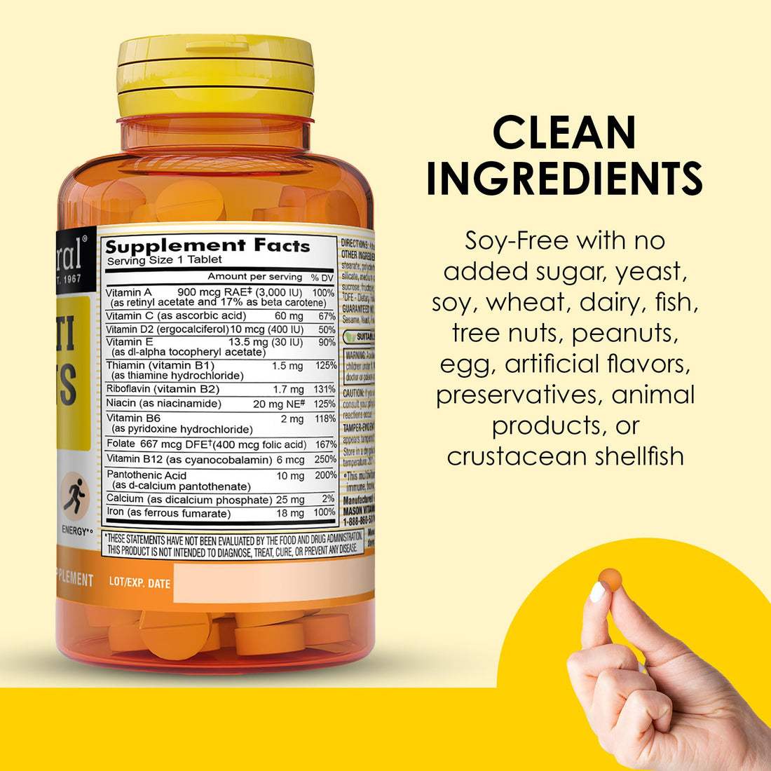 MASON NATURAL Daily Mini Multi Vitamins with Iron, Vitamins A, C, D, E, B1, B2, B3, B6, B12, Folate & Calcium, 100 Day Supply per Bottle (3-Pack)