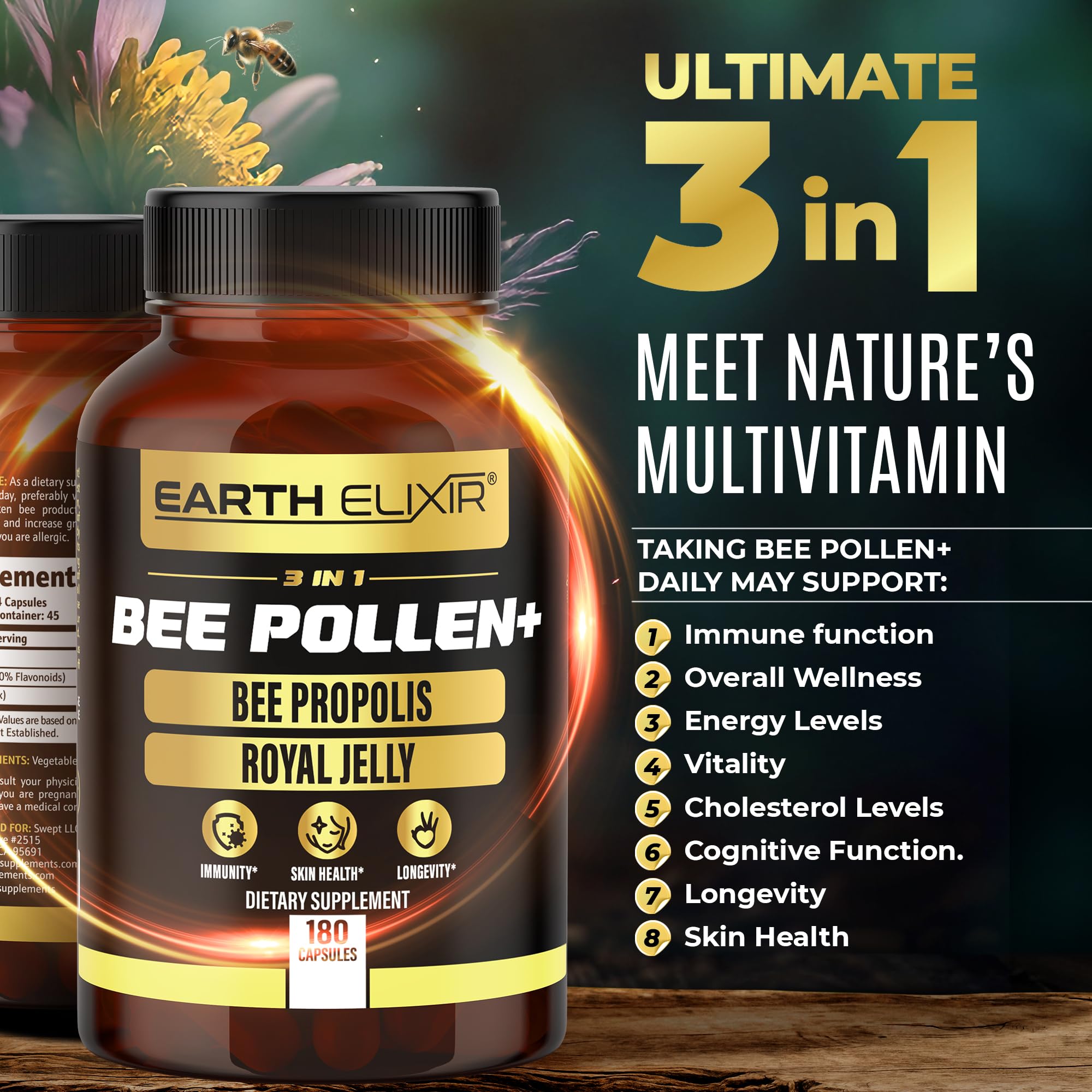 Earth Elixir 3-in-1 Bee Pollen Organic 840mg (180 Caps) W/ 840mg Bee Propolis Capsule & 840mg Royal Jelly Capsule - 3rd Party Tested - Bee Pollen Supplement - Organic Bee Pollen Capsule -No Fillers