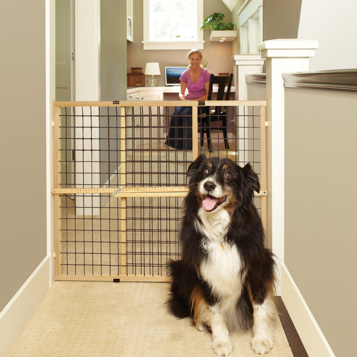 MYPET North States Wire Mesh Dog Gate: 29.5-50 Wide. Pressure Mount. No Tools Needed. Dog Gate 31 Tall, Expandable, Durable Dog Gates for Doorways, Sustainable Hardwood