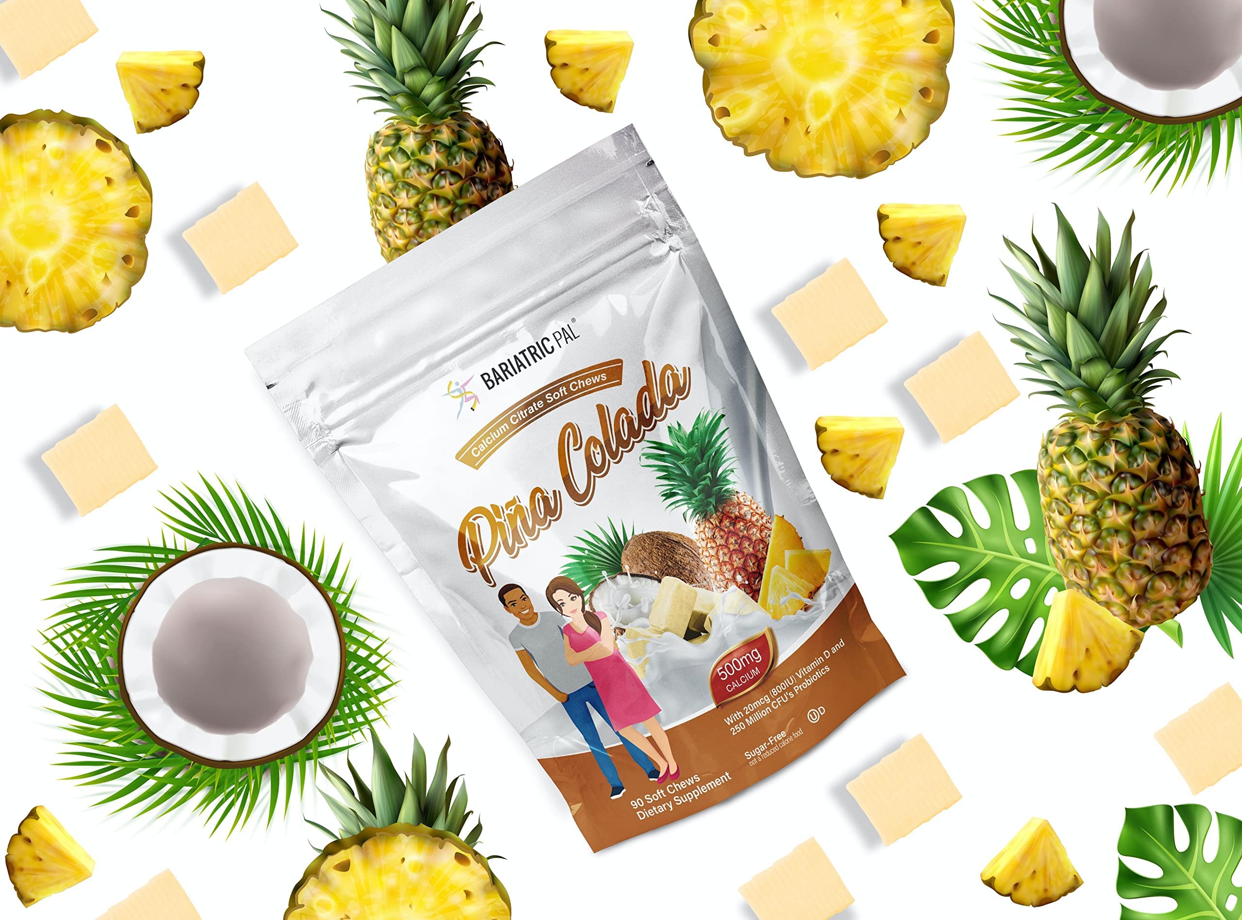BariatricPal Sugar-Free Calcium Citrate Soft Chews 500mg with Probiotics (90 Count) - Piña Colada