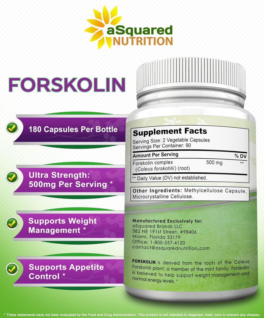 aSquared Nutrition Forskolin 500mg Max Strength-180 Capsules,Forskolin Supplement for Pure Weight Loss Fuel, Coleus Forskohlii Root - Forskolin Diet Pills, Belly Buster Fat Burner 2X Slim Trim Lose