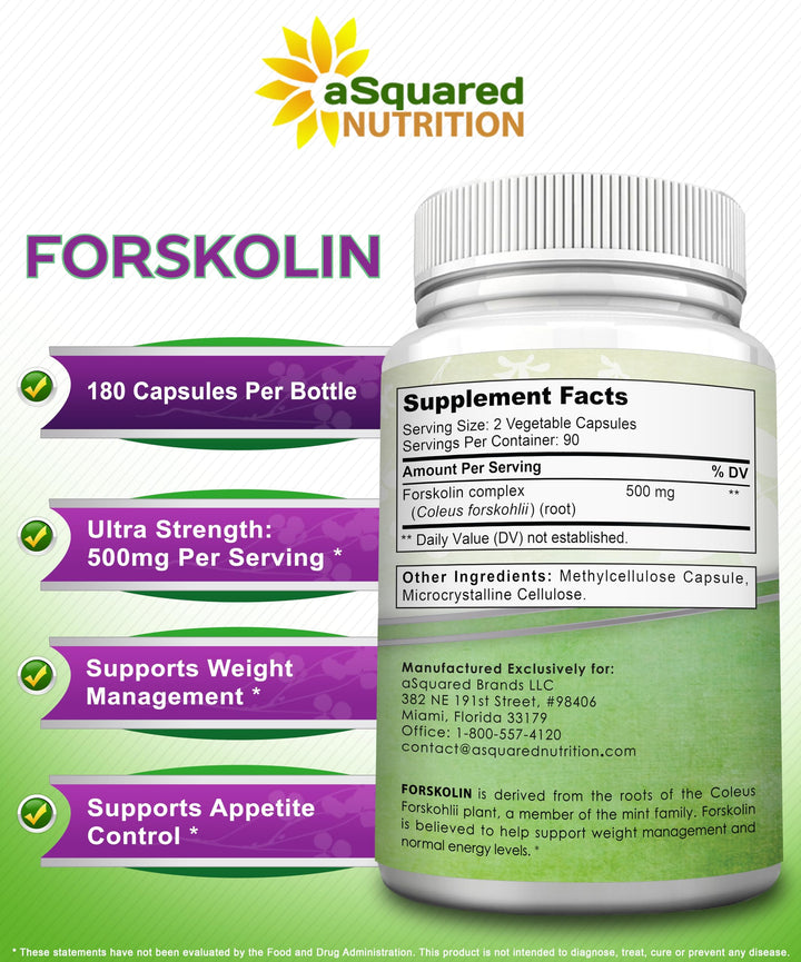 aSquared Nutrition Forskolin 500mg Max Strength-180 Capsules,Forskolin Supplement for Pure Weight Loss Fuel, Coleus Forskohlii Root - Forskolin Diet Pills, Belly Buster Fat Burner 2X Slim Trim Lose