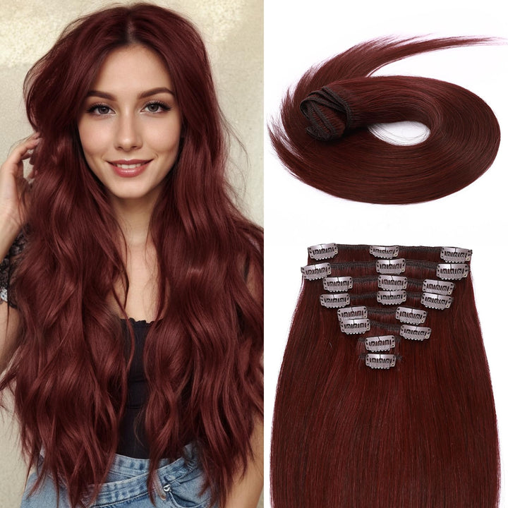 Clip in 100% Remy Human Hair Extensions #99j Wine Red 8-24 Grade 7A Quality Full Head 8pcs 18clips Long Soft Silky Straight for Women Fashion 20 / 20 inch 105g