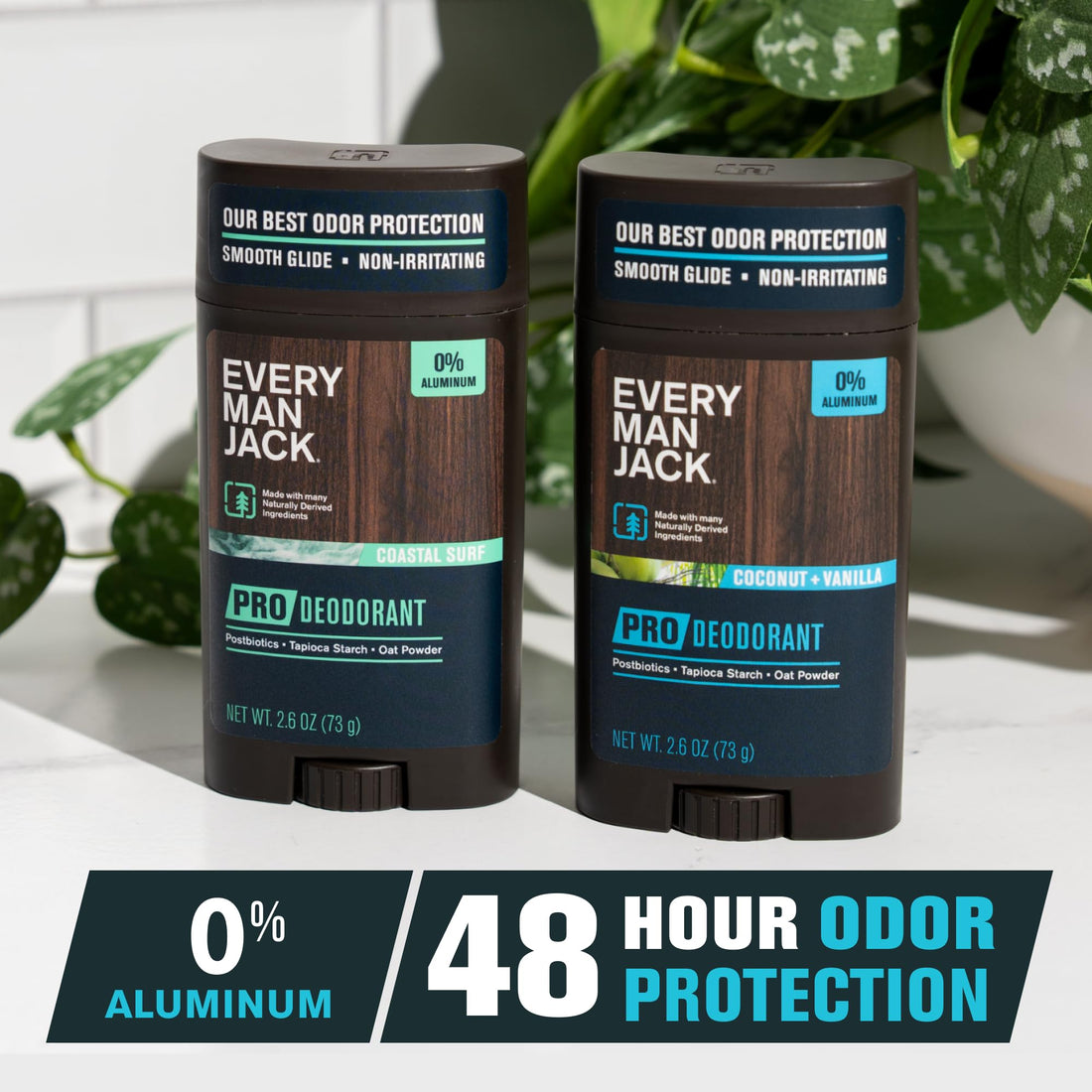 Every Man Jack Men's Pro Deodorant - 48-Hour Odor Defense Blend - Aluminum Free - Contains Postbiotics, Tapioca Stach & Oat Powder - Coastal Surf & Coconut + Vanilla Bundle - 2.6 oz (2 Pack)