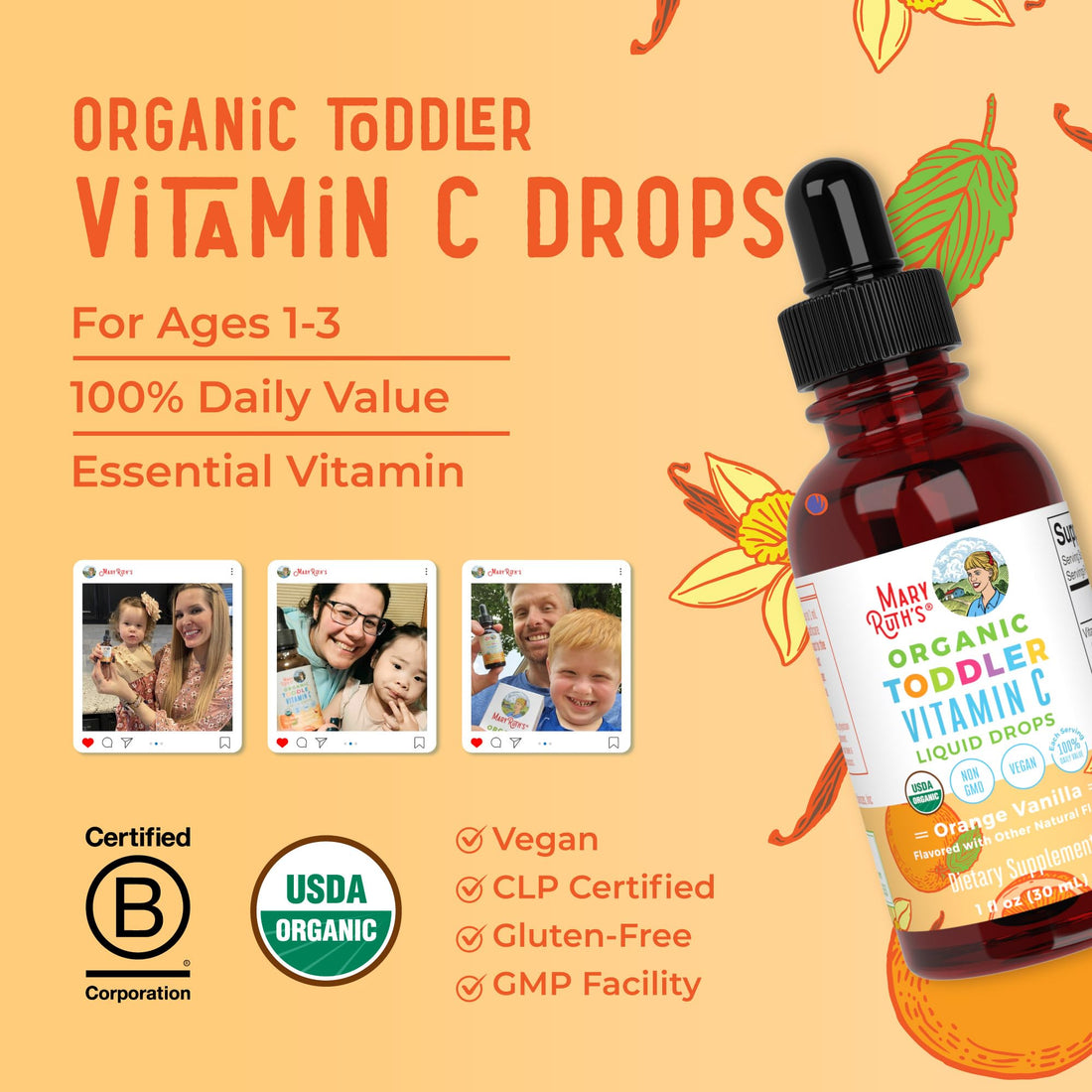 MaryRuth Organics Toddler Vitamin C Drops | USDA Organic Vitamin C Liquid Drops for Toddler | Ages 1-3 Years | Vitamin for Immune Support & Overall Health | Vegan | Non-GMO | Gluten Free | 30 Servings