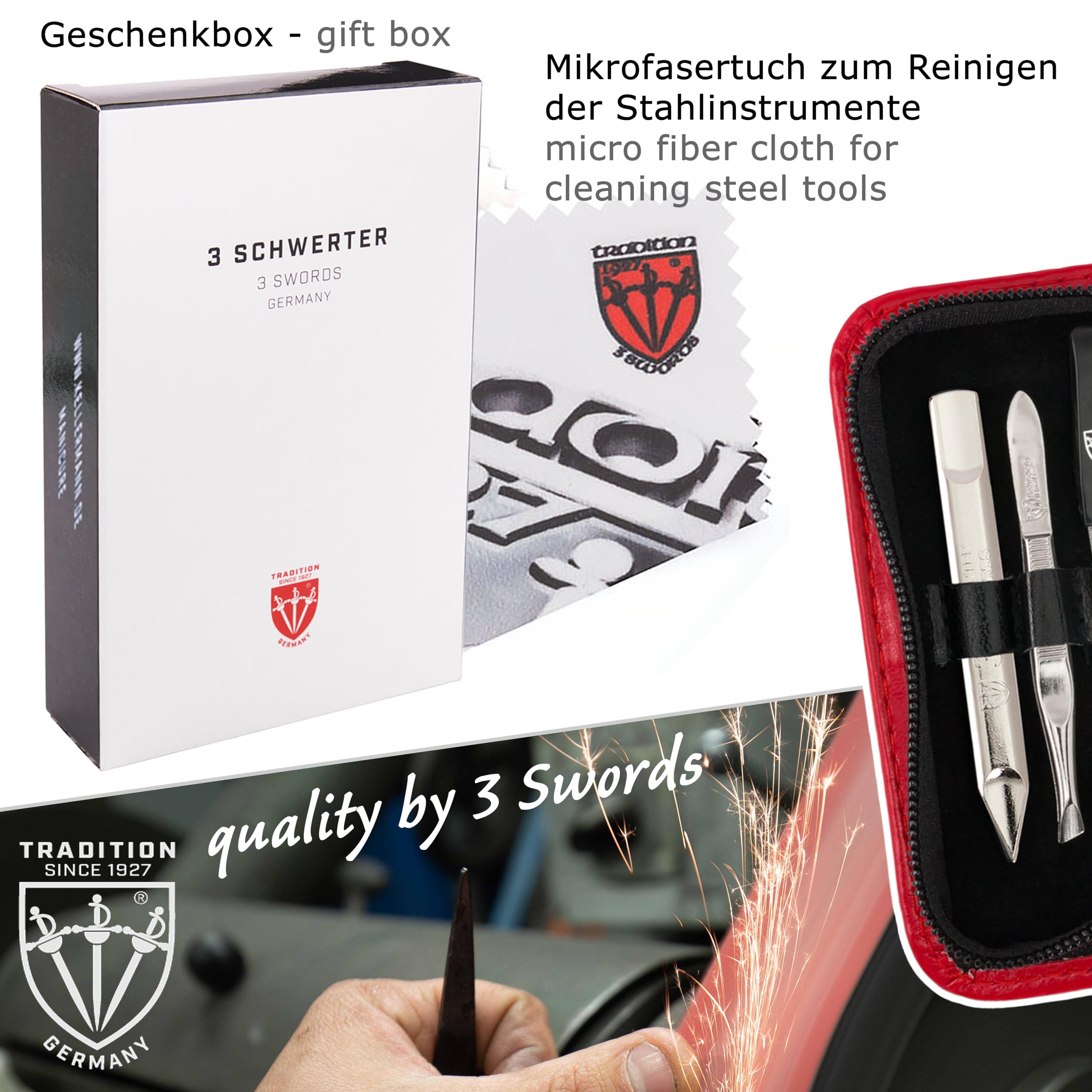 3 SWORDS GERMANY - 5 Piece Manicure & Pedicure Kit, made of high quality artificial leather in red, Quality: Made in Solingen/Germany