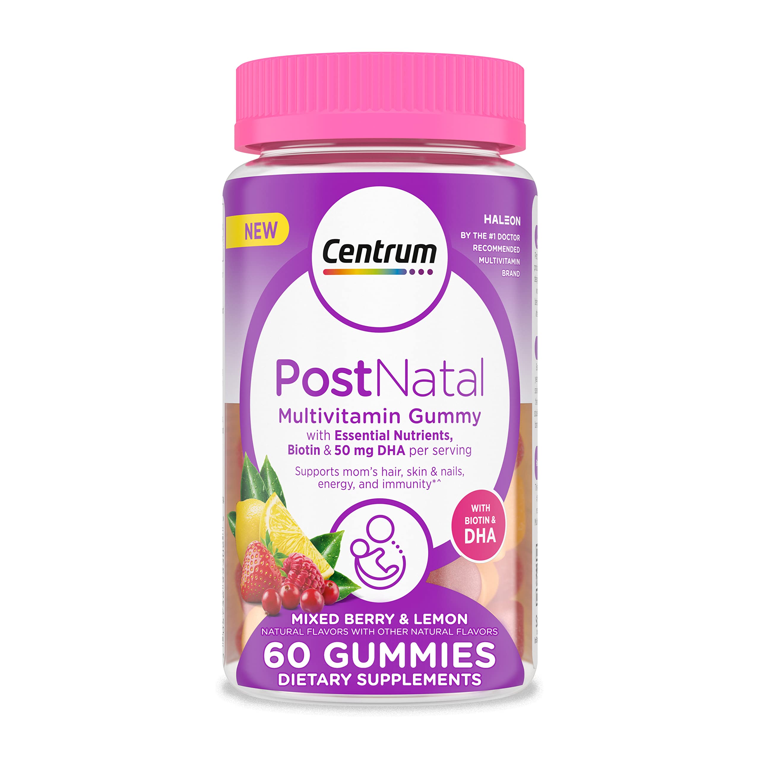 Centrum Postnatal Multivitamin Gummies with Biotin and DHA, Mixed Berry and Lemon Flavors - 60 Count, 30 Day Supply