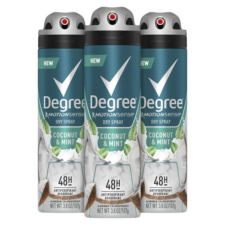 DEGREE Men Antiperspirant Deodorant Spray Coconut & Mint 48-Hour Protection,3.8 Ounce, 3 Count