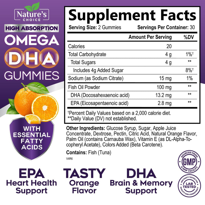Omega 3 Fish Oil Gummies - Triple Strength Omega 3 Gummy Vitamins, High Absorption EPA & DHA Fatty Acids, for Heart Health & Brain Support, Nature's Fish Oil Supplement, Orange Flavor - 60 Gummies
