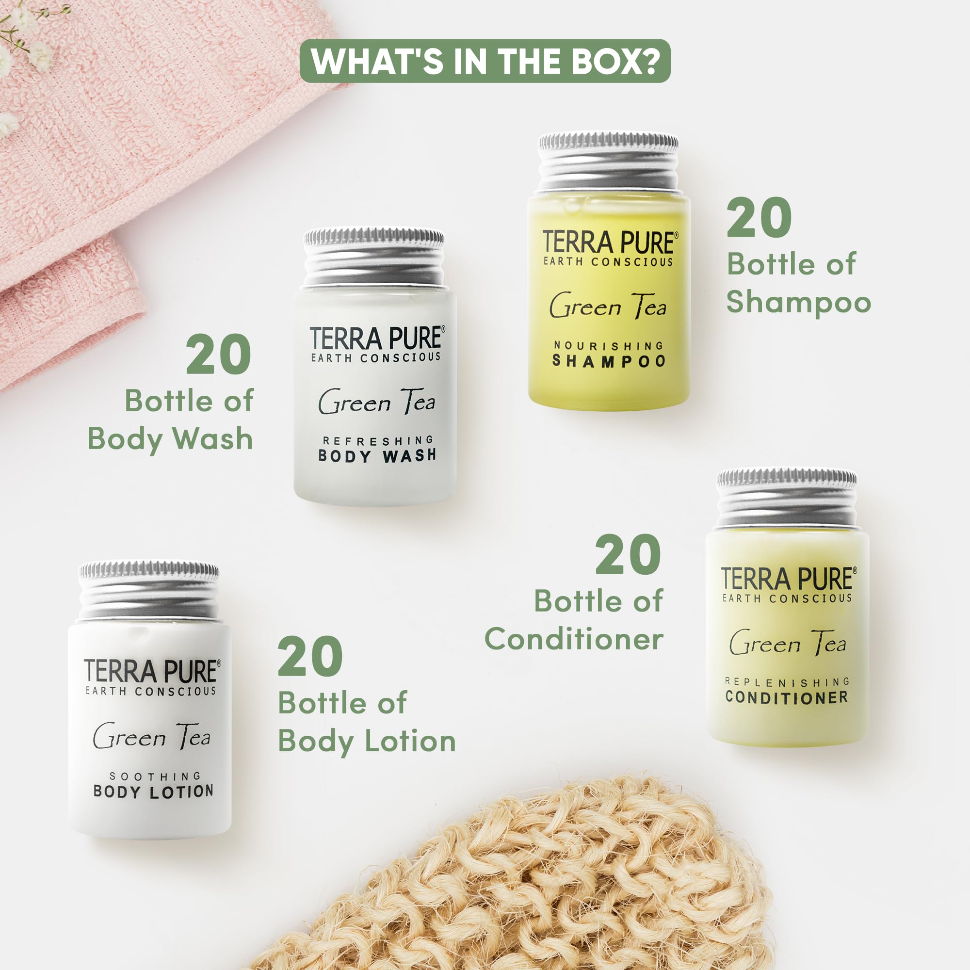 Terra Pure Green Tea Toiletries Set | 1-Shoppe Amenities Kit | 1oz Shampoo & Conditioner, Body Wash, Lotion | Travel Size | 80 Pieces