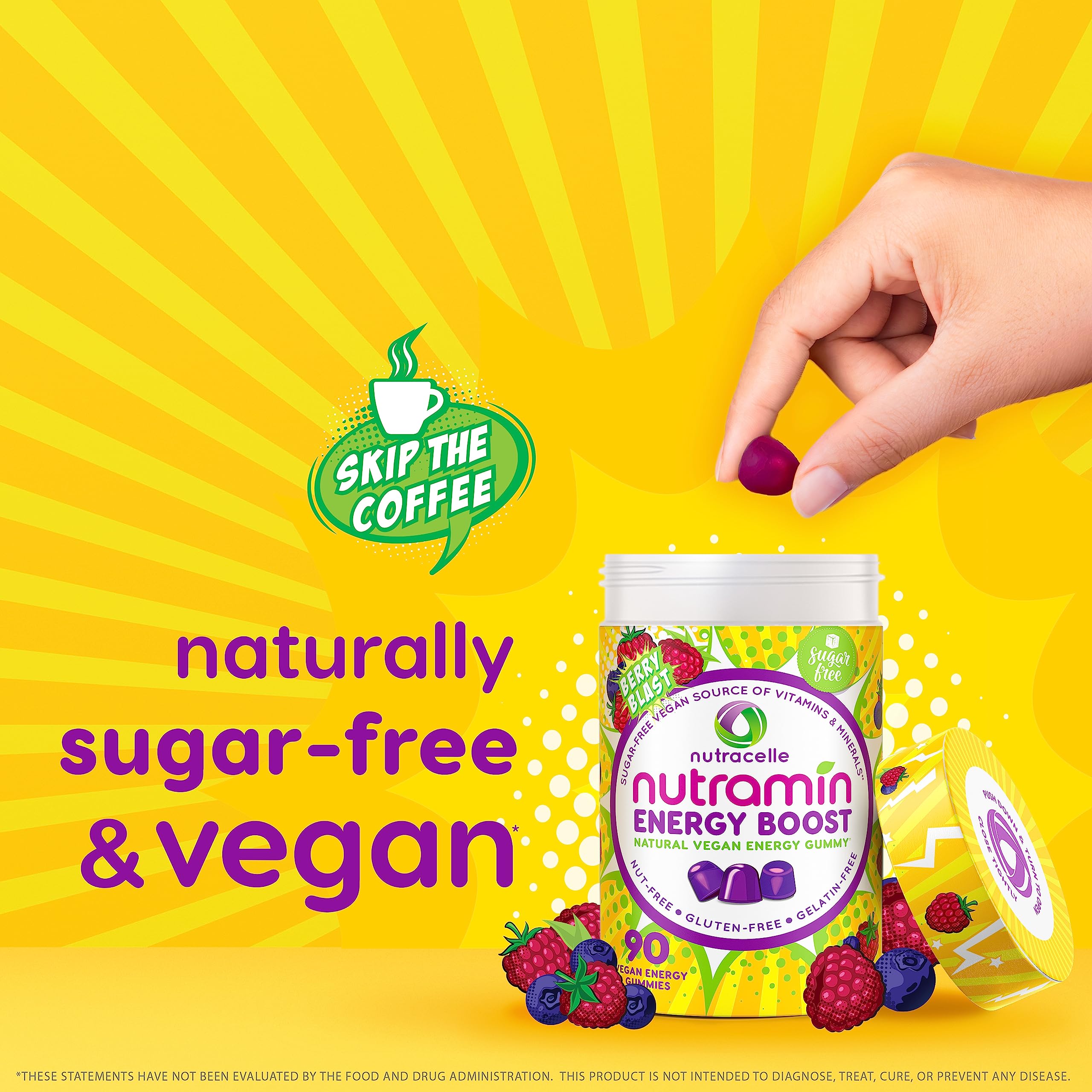 NUTRAMIN Energy Boost Vitamin Gummy - Skip The Coffee & Boost Your Energy, Caffeine-Free, Sugar-Free, Vegan, B12, Green Tea, Ashwagandha, Garcinia Cambogia, Raspberry Adaptogen - 90 ct