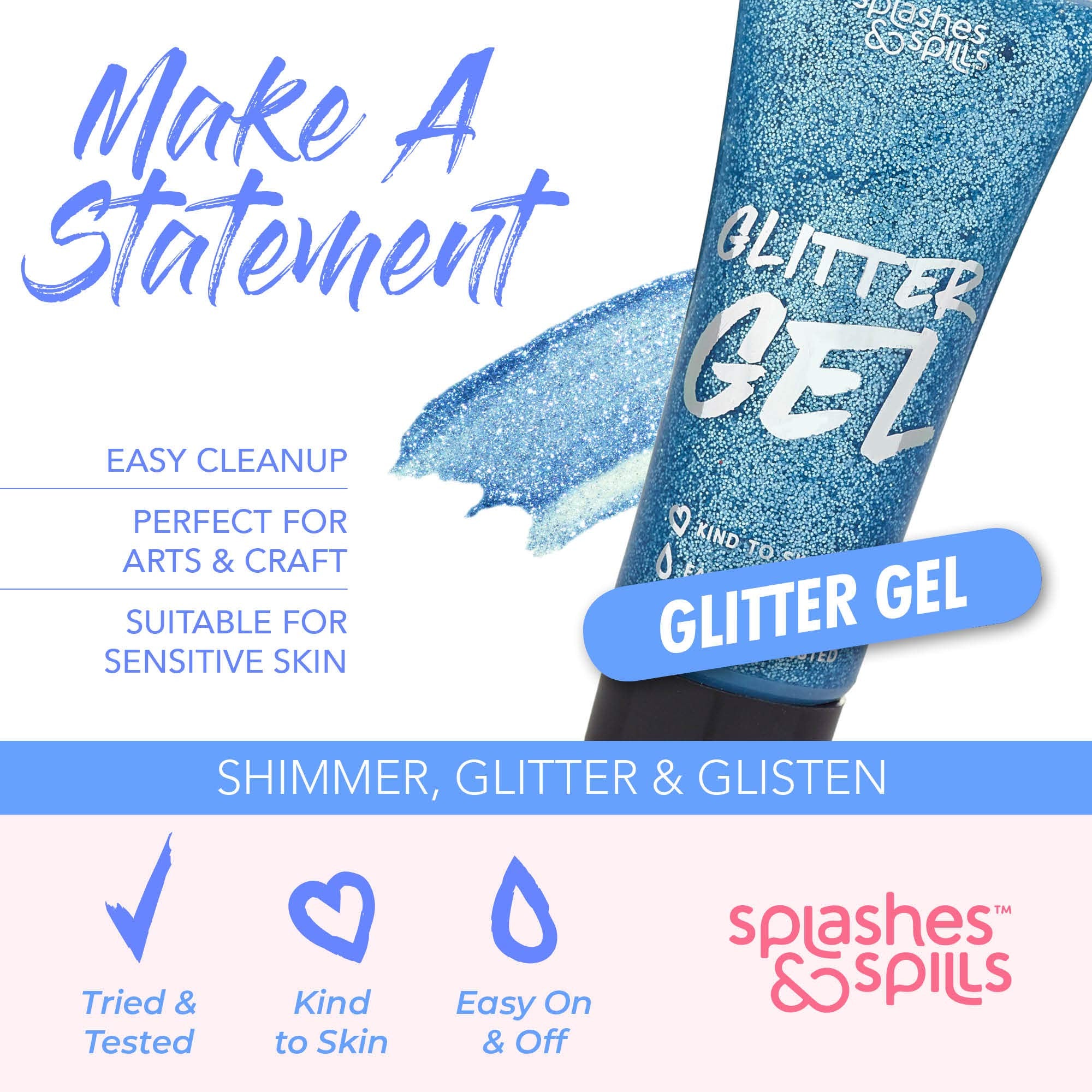 Body Glitter Paint Gel - 7 Color Costume Set for Women, Girls - 10 ml Tubes Holographic Shimmer Effect for Hair, Body, Face - Great for Festival, Costume Party, Halloween - by Splashes and Spills