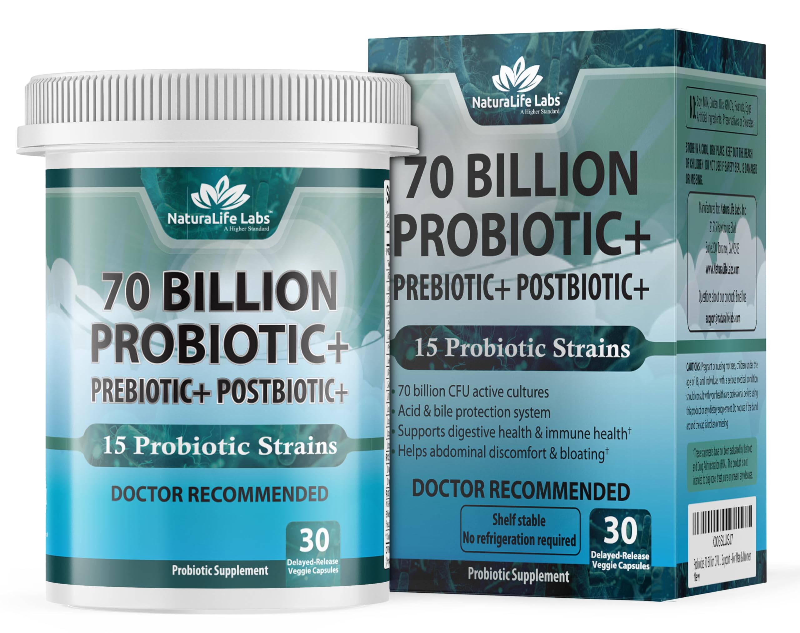 Probiotics 70 Billion CFU – 15 Probiotic strains + Organic Prebiotic+ Postbiotic 3-in-1 Complete – Promotes Healthy Digestive & Immune Function –Gas, Bloating, Constipation Support – for Men & Women