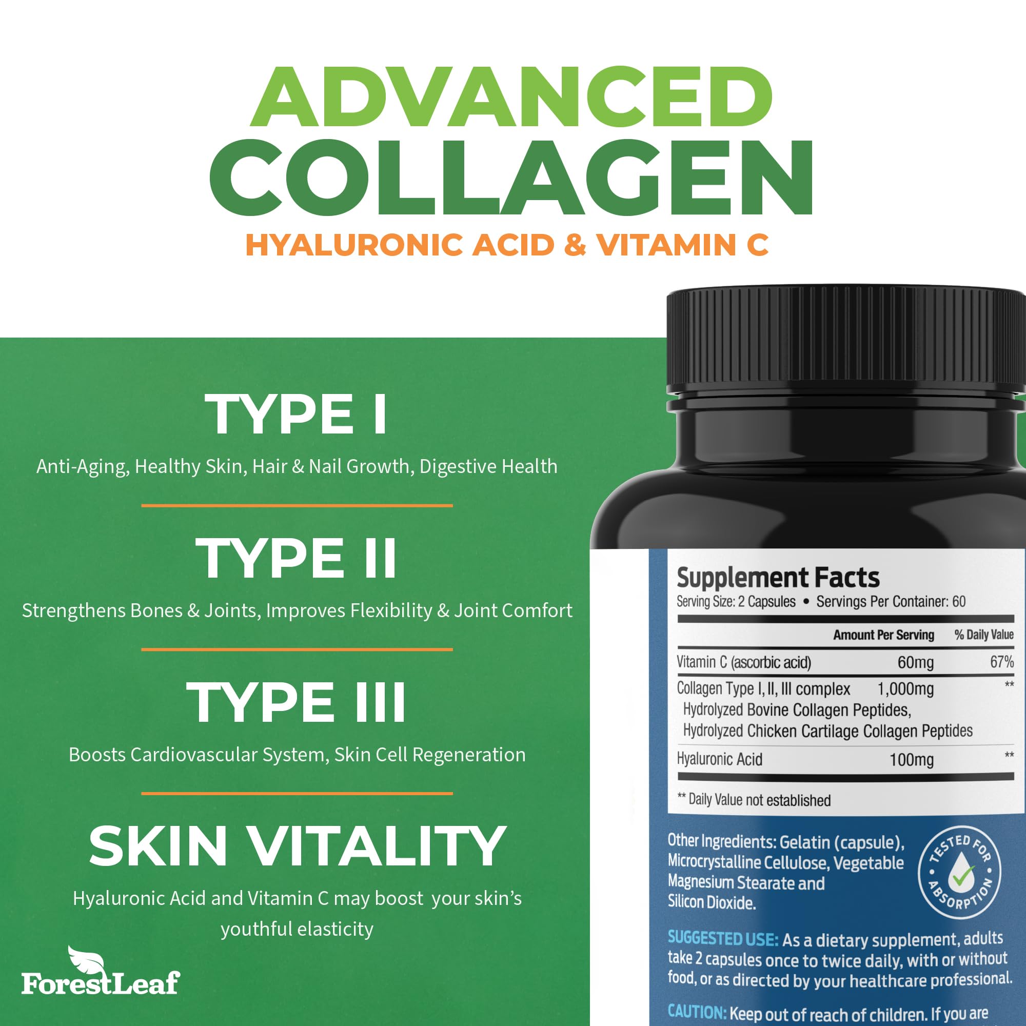 ForestLeaf Multi Collagen Pills with Hyaluronic Acid + Vitamin C | Hydrolyzed Collagen Supplements for Women or Men | Multi Collagen Capsules Peptides for Skin, Wrinkles, 120 Caps