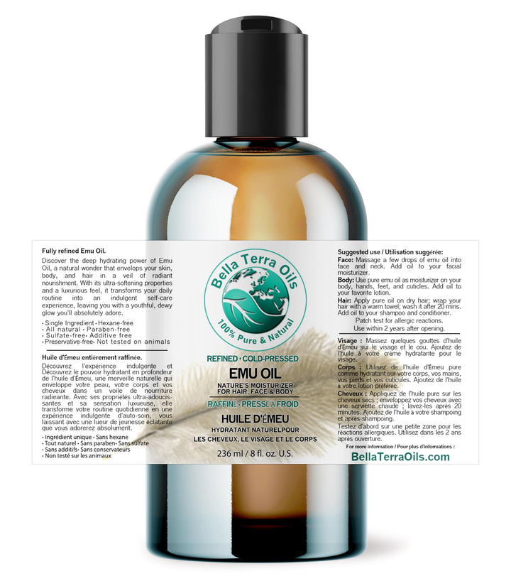 Bella Terra Oils - Emu Oil 8 oz - Australian Legacy, Famed for Omega-3, Omega-6 & Omega-9, The Natural Secret to Radiant Skin