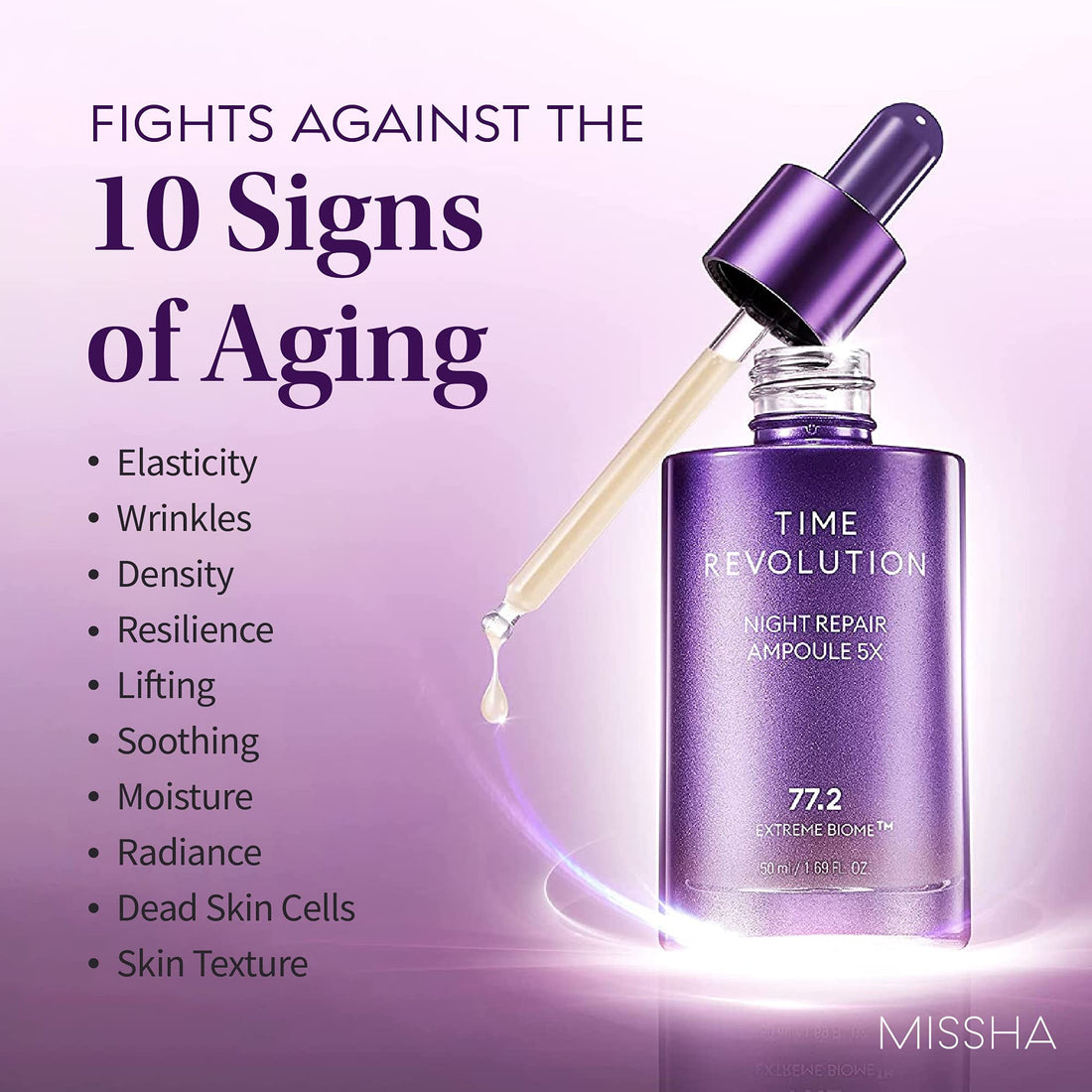 MISSHA Time Revolution Night Repair Face Serum Ampoule (5th Gen) - Overnight Probiotic Skincare for Intensive Repair and Radiance, 1.69 Fl Oz