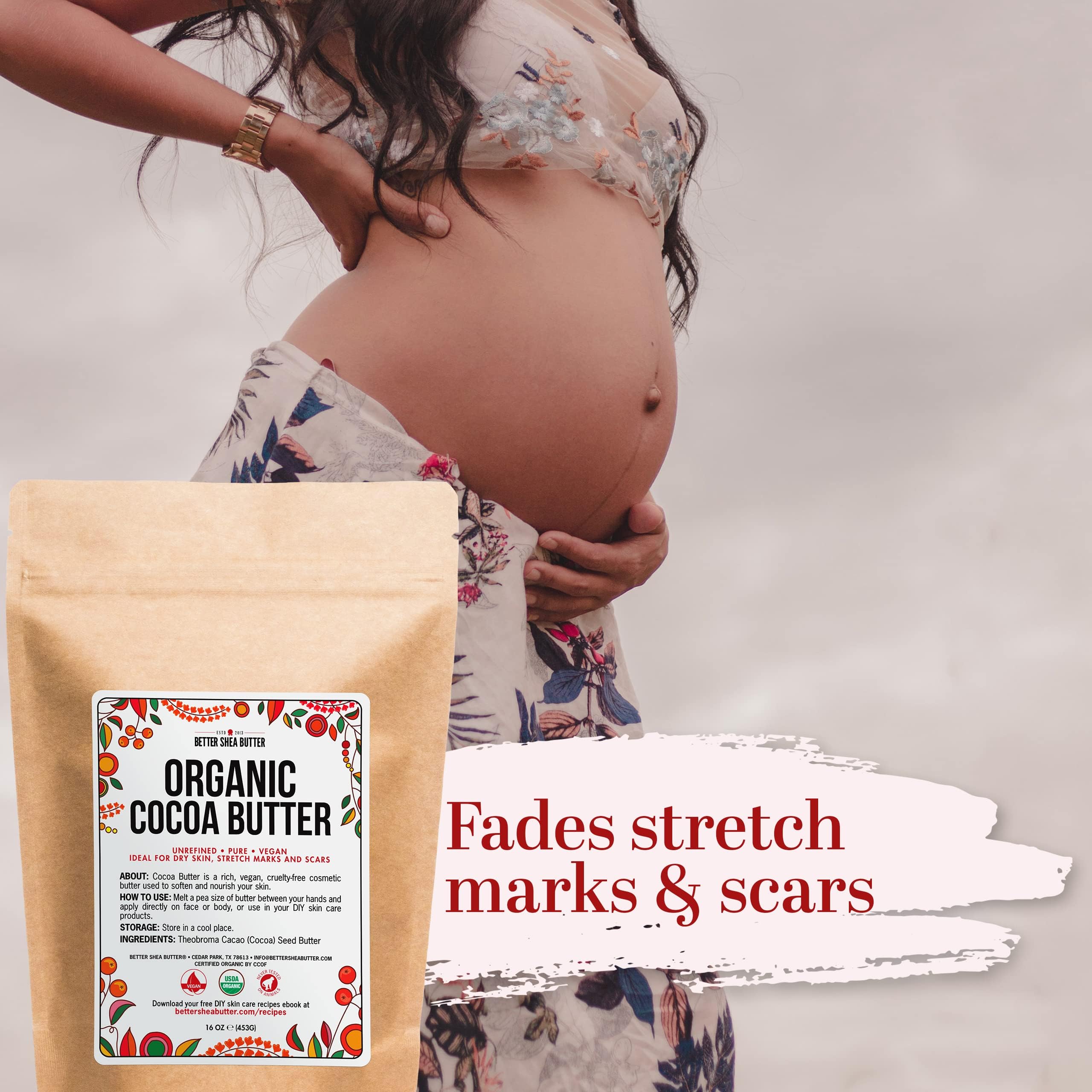 Organic Cocoa Butter Raw Unrefined - Food Grade USDA Certified - for Scars, Stretch Marks Cream - 100% Cocoa Butter Raw Organic for Skin Moisturizer, Lip Balm 8 oz