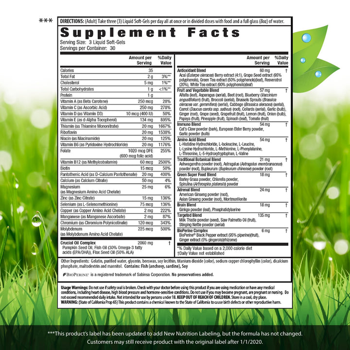 Irwin Naturals Men's Living Green Liquid-Gel Multi - 70 Essential Nutrients, Full-Spectrum Vitamins, Wholefood Blend - Targeted Adrenal & Brain Support - 90 Liquid Softgels