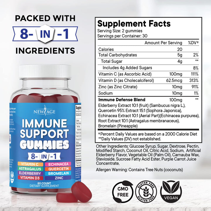 NEW AGE 8 in 1 Immune Support Booster Supplement with Astragalus Root, Vitamin C and Zinc 50mg, Vitamin D 5000 IU, Quercetin & Bromelain (8 in 1 Gummies (Pack of 2))