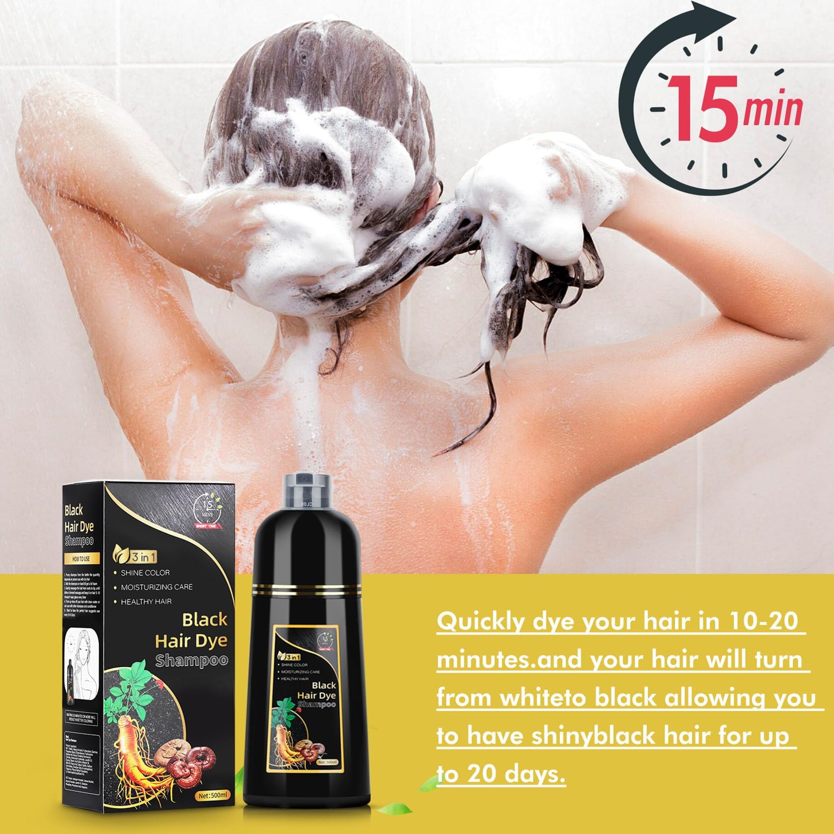 AUSGREER Black Hair Dye Shampoo 3 in 1 for Women & Men Gray Hair Coverage, Hair Color Shampoo,Herbal Ingredients Long Lasting Color 16.9Fl Oz(500ML)