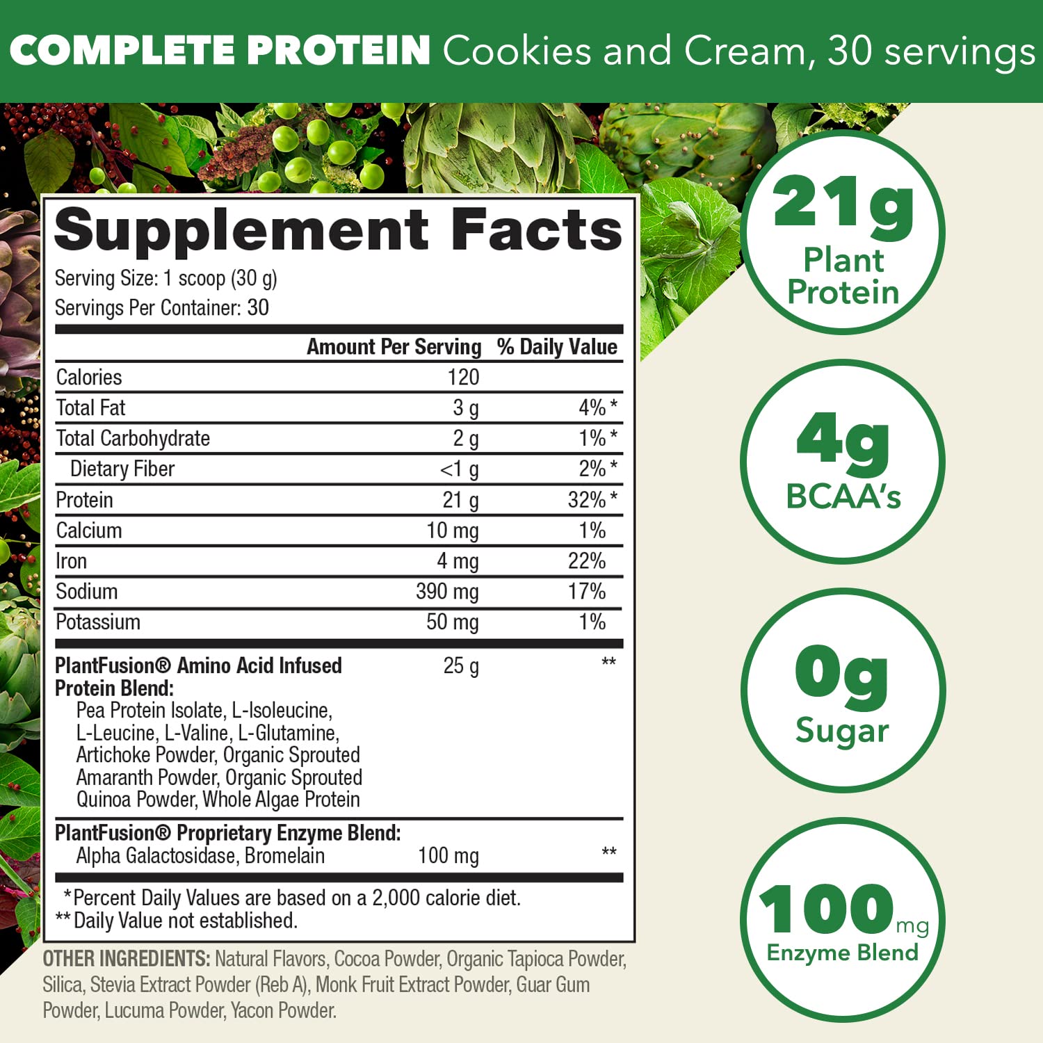 PlantFusion Complete Vegan Protein Powder - Plant Based Protein Powder with BCAAs, Digestive Enzymes and Pea Protein - Keto, Gluten Free, Soy Free, Non-Dairy, No Sugar, Non-GMO - Cookies & Cream 2 lb