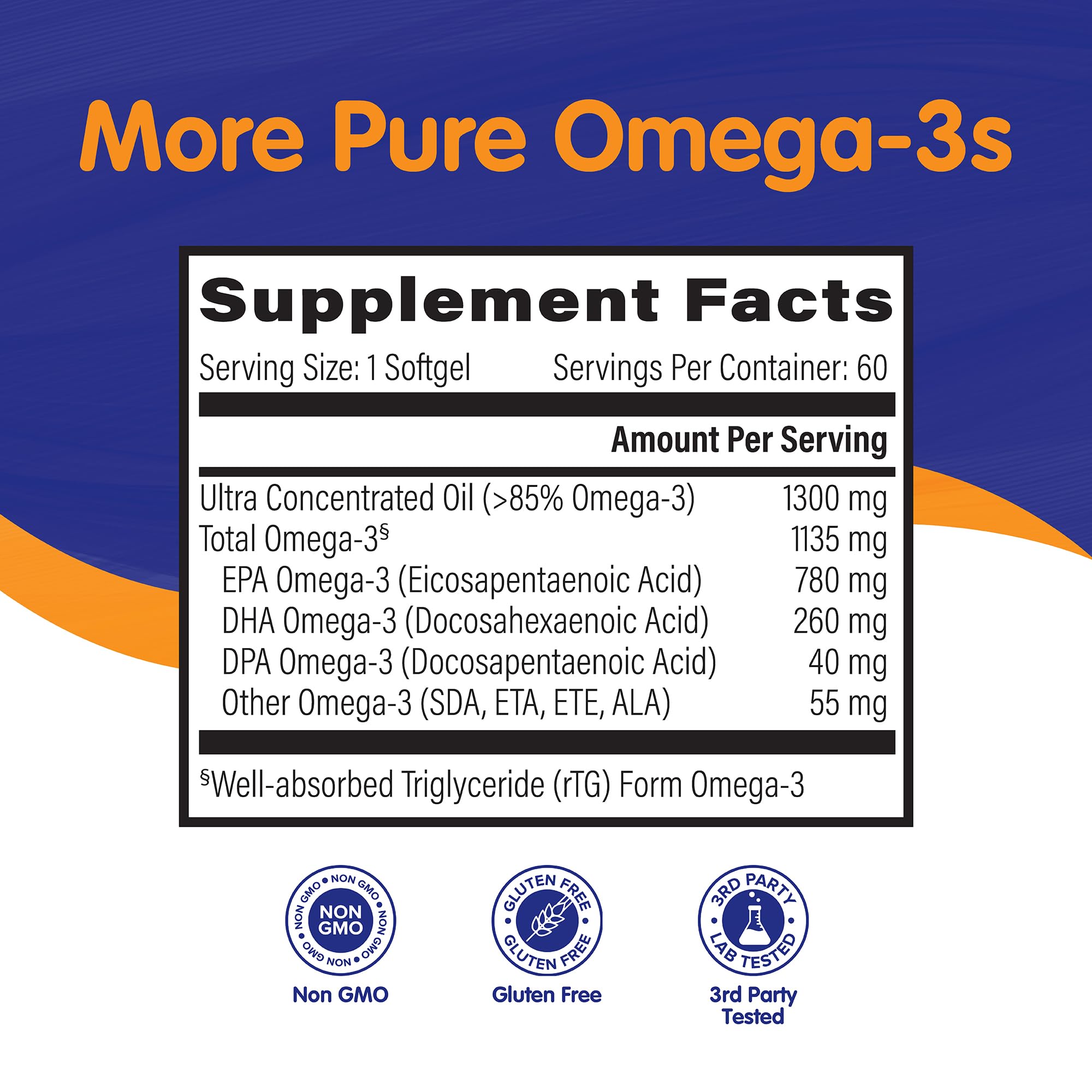 OmegaVia Ultra Concentrated Omega 3 Fish Oil Burpless, 60 Softgels, Triple Strength Omega 3 Fish Oil Supplements, 1135 mg Pure Omega3, No Fishy Burps, High EPA DHA DPA, IFOS 5-Star