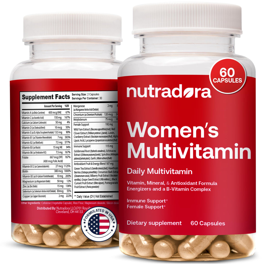 Nutradora Multivitamin for Women - Womens Multivitamin & Multimineral Supplement for Energy, Mood, Hair, Skin & Nail - Womens Daily Multivitamins A, B, C, D, E, Zinc & More Women's Vitamins Capsules