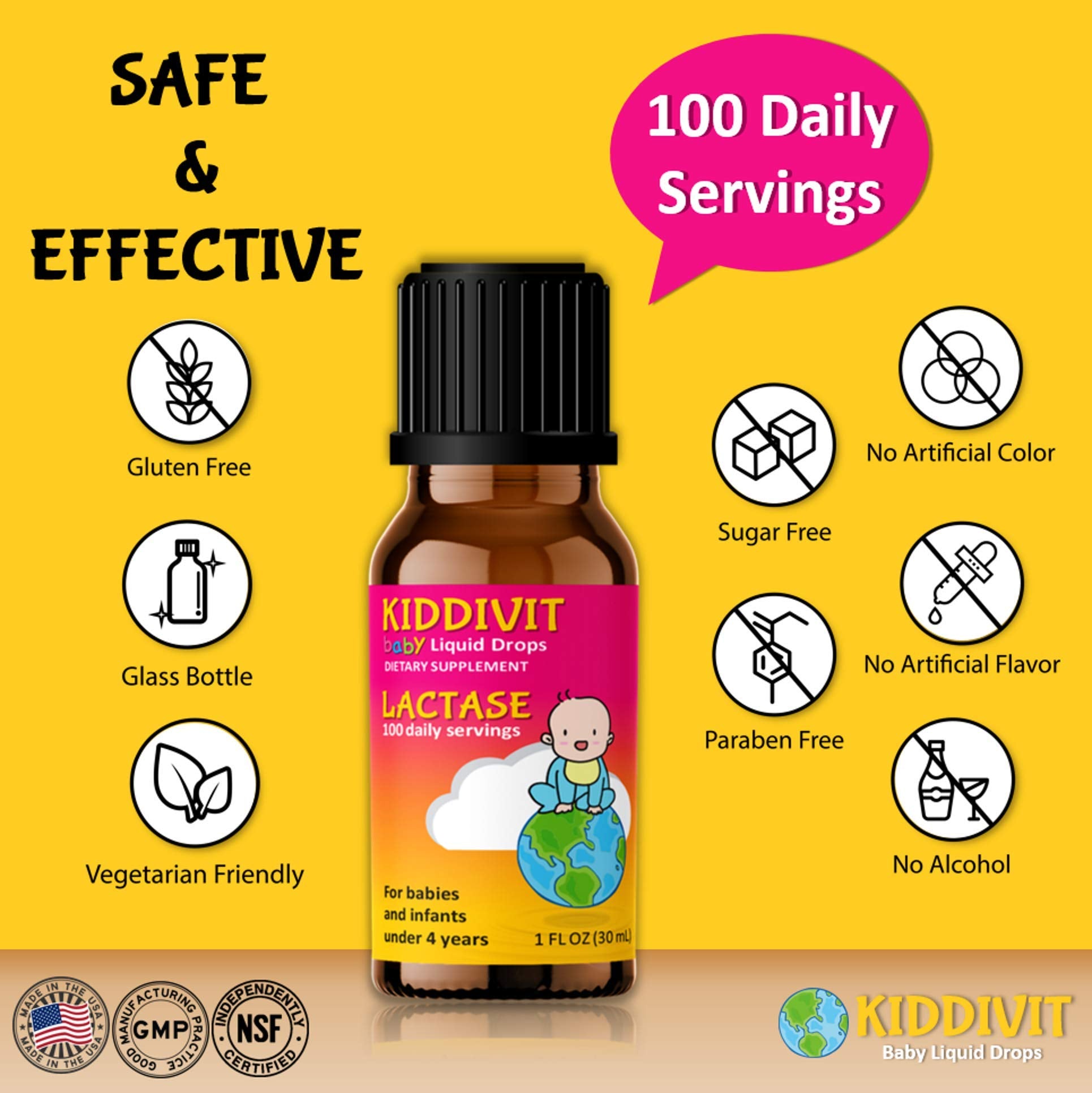 Kiddivit Baby Lactase Liquid Drops 1000 Units - 100 Daily Servings, 1 Fl Oz (30 mL) - Built-in Dropper, Glass Bottle - Sugar Free, Gluten Free, Vegetarian Friendly
