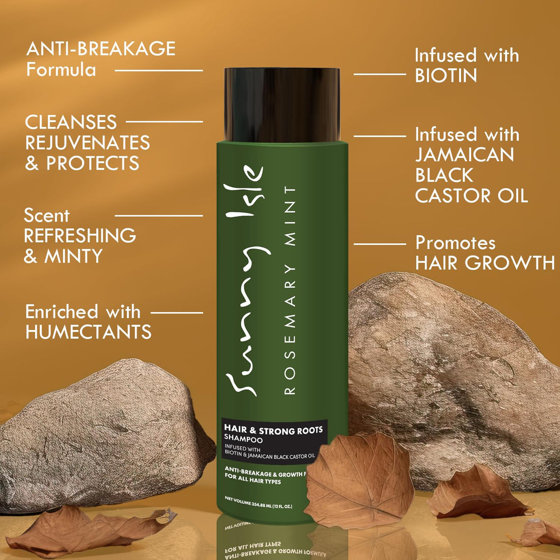 Sunny Isle Rosemary Mint Hair & Strong Roots Shampoo 12oz | Anti-Breakage & Growth Formula | Infused with Biotin & Jamaican Black Castor Oil | All Hair Types