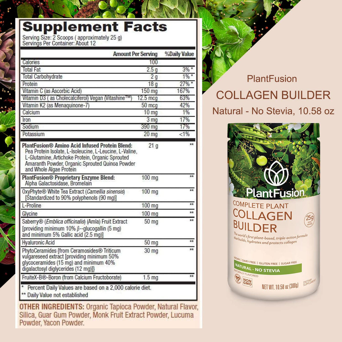 PlantFusion Vegan Collagen Powder - Plant Based Collagen Protein Powder For Muscle & Joints, Hair, Skin & Nails - Keto, Gluten Free, Soy Free, Non-Dairy, No Sugar, Non-GMO - Unflavored 10.58 oz