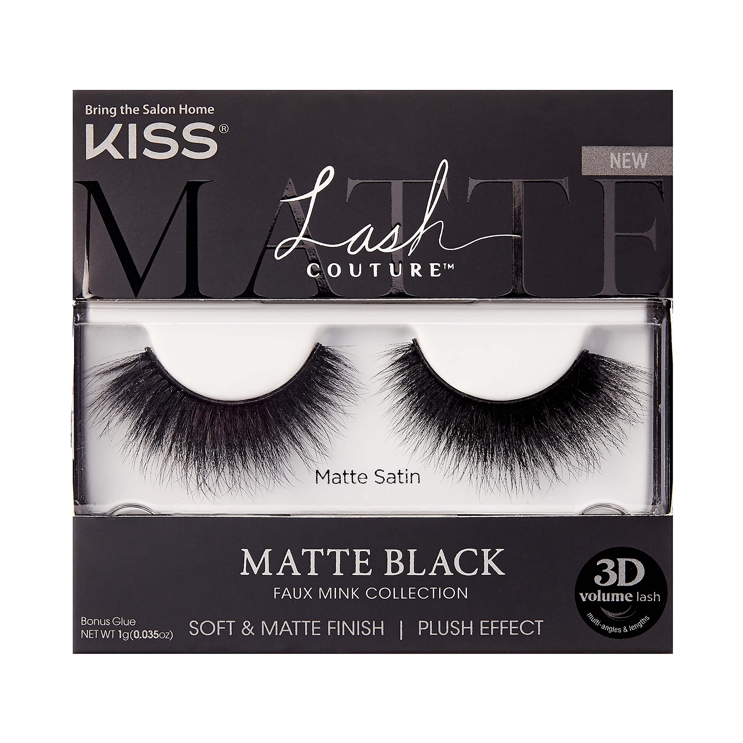 KISS Lash Couture Matte Black Faux Mink Collection, False Eyelashes 1-Pack, Soft Real Mink Texture & Matte Finish, High Impact Color, 3D Volume, Knot-Free Lash Band, Reusable, Matte Satin, 1 Pair