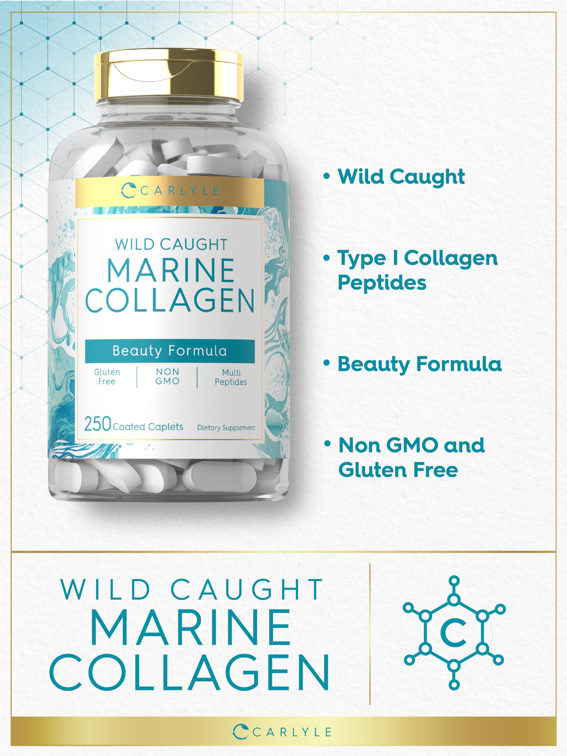 Carlyle Marine Collagen Pills | 250 Caplets | Wild Caught Collagen Peptides | Non-GMO, Gluten Free