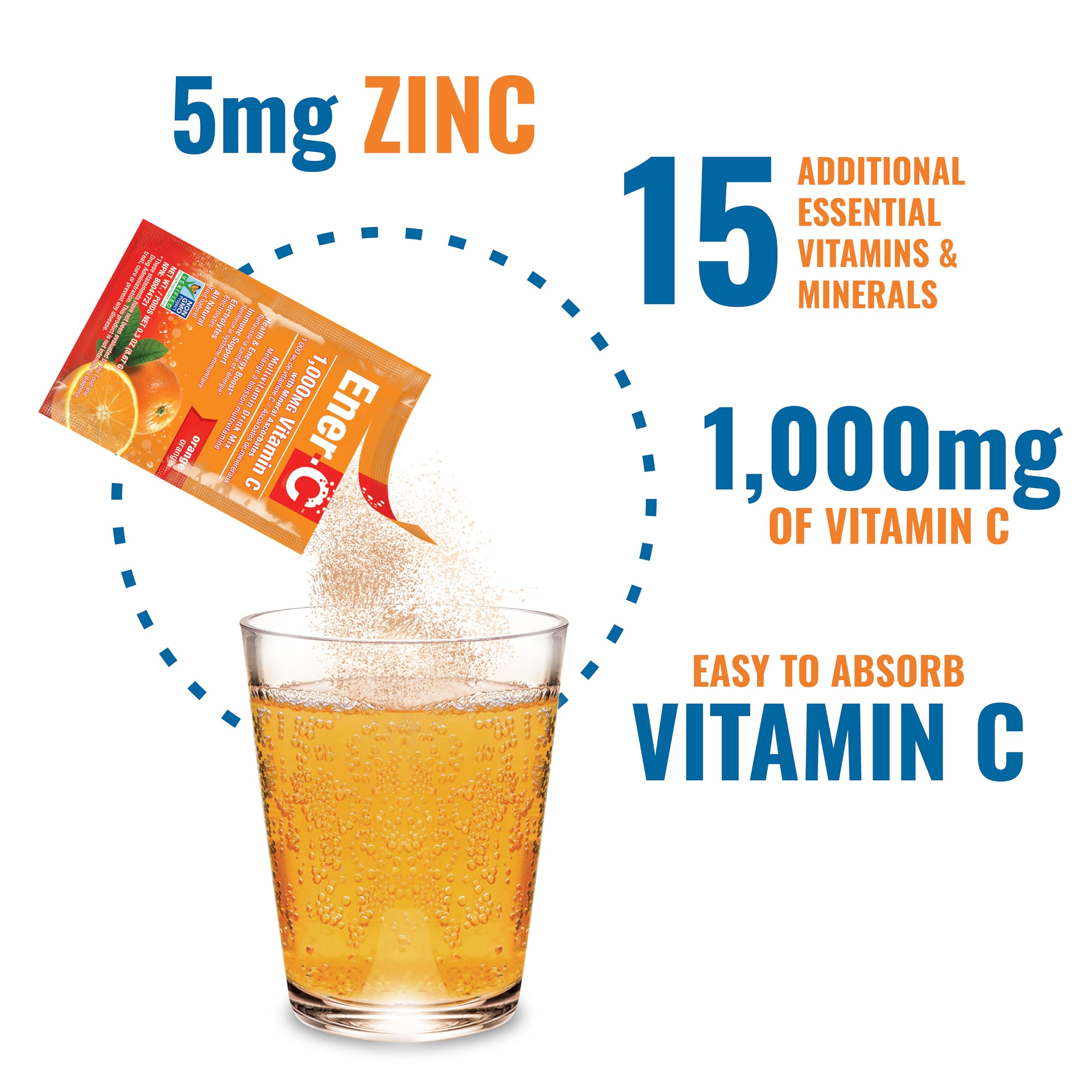 Ener-C Orange Multivitamin Drink Mix Powder Vitamin C 1000mg & Electrolytes with Real Fruit Juice Natural Energy & Immune Support for Women & Men - Non-GMO Vegan & Gluten Free - 60 Count