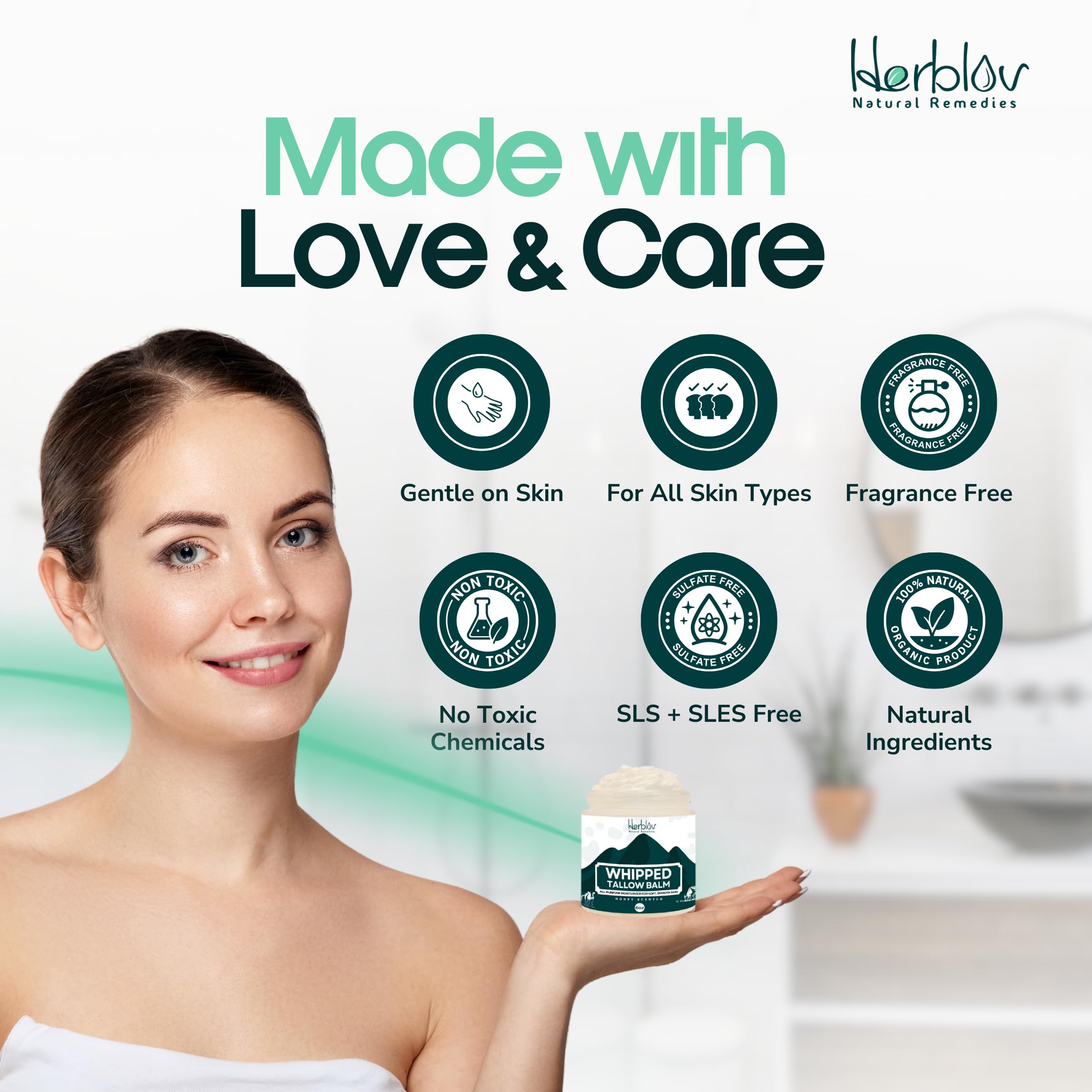 Beef Tallow Balm – Natural Grass Fed Whipped Tallow and Honey All Purpose Balm – Moisturizing Face and Body Lotion for Eczema, Cracked, Dry, Itchy, Irritated Skin – Skin Repair Skincare Made in USA