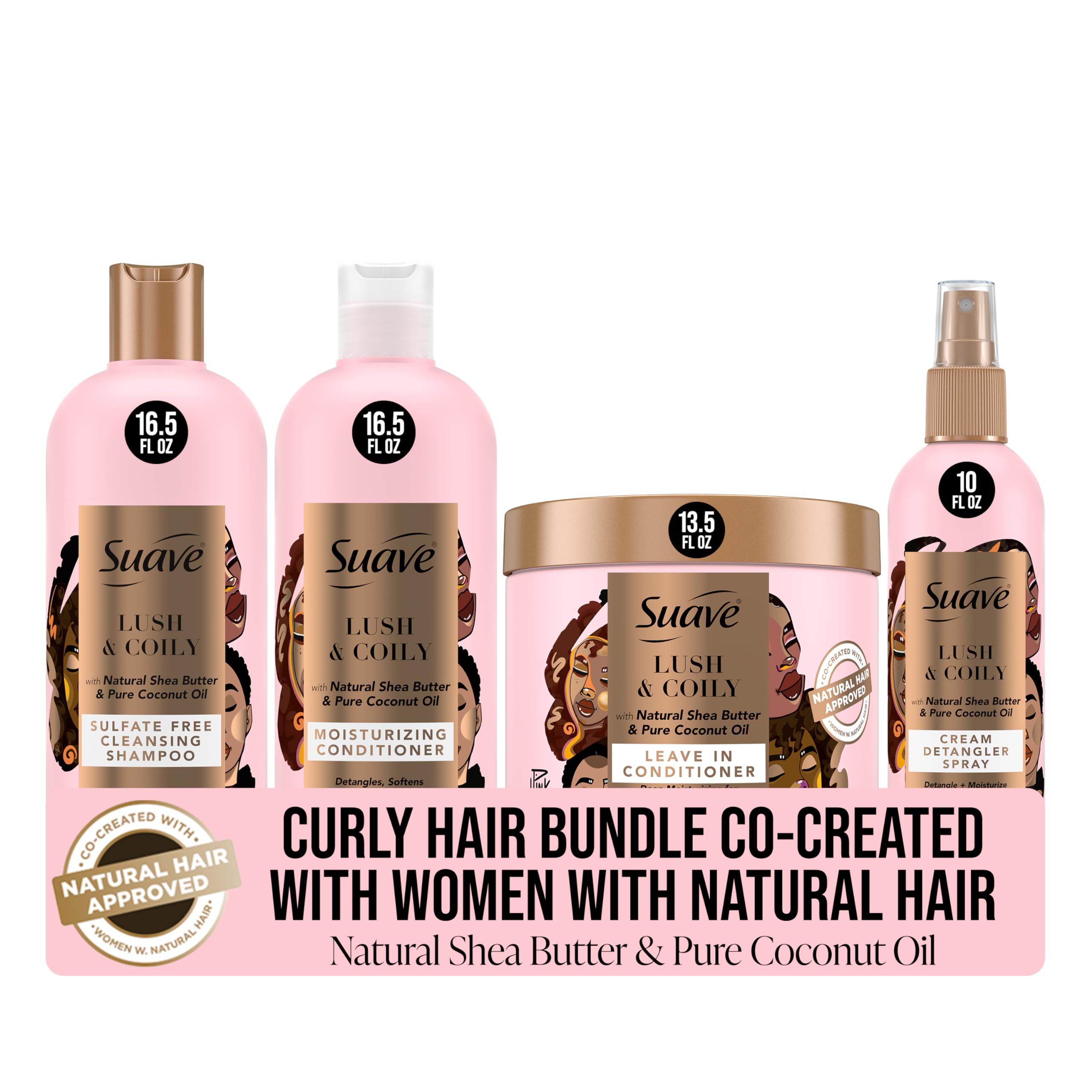 Suave Luscious Curly Hair Shampoo and Conditioner Set for Women With Natural Hair, with Leave-In Conditioner for Curly Hair and Detangling Spray, 4 Count