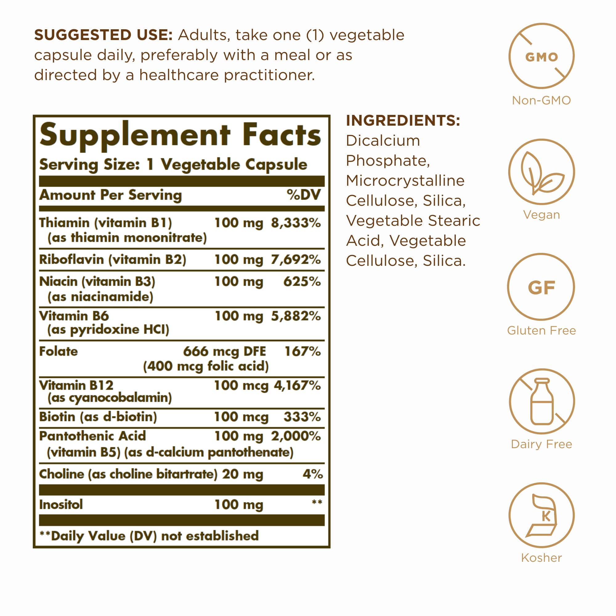 Solgar B-Complex 100 - 100 Vegetable Capsules, Pack of 2 - Energy Metabolism, Nervous System Support - Non-GMO, Vegan, Gluten Free - 200 Total Servings