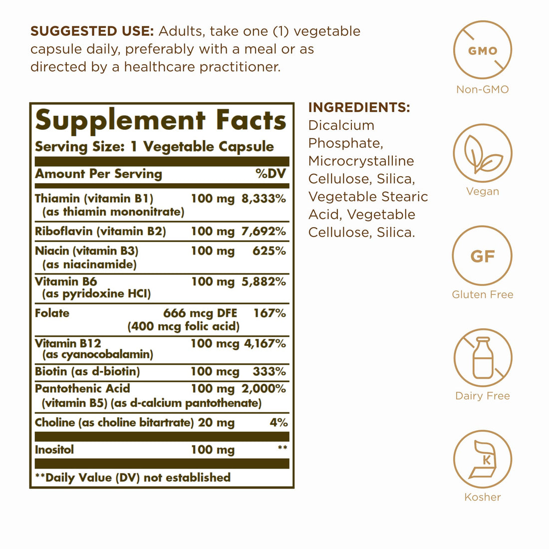 Solgar B-Complex 100 - 100 Vegetable Capsules, Pack of 2 - Energy Metabolism, Nervous System Support - Non-GMO, Vegan, Gluten Free - 200 Total Servings