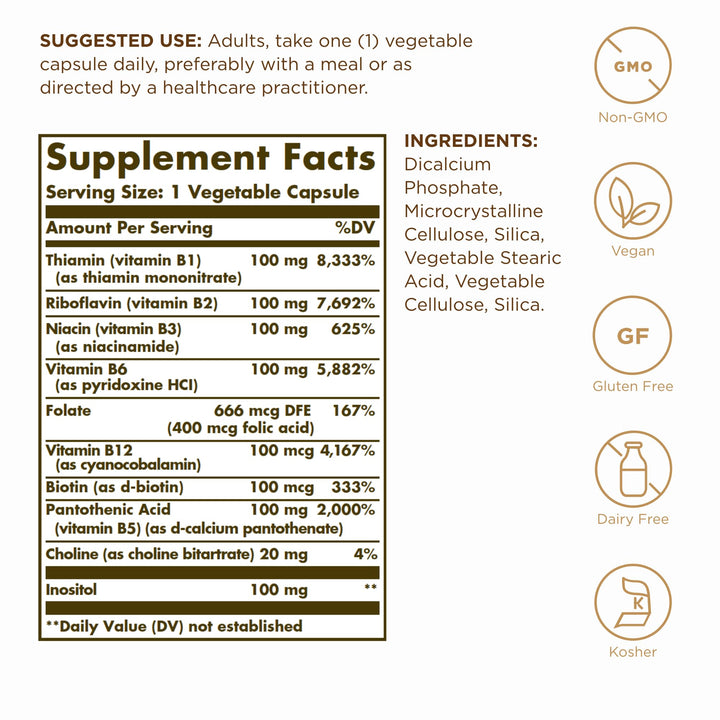 Solgar B-Complex 100 - 100 Vegetable Capsules, Pack of 2 - Energy Metabolism, Nervous System Support - Non-GMO, Vegan, Gluten Free - 200 Total Servings