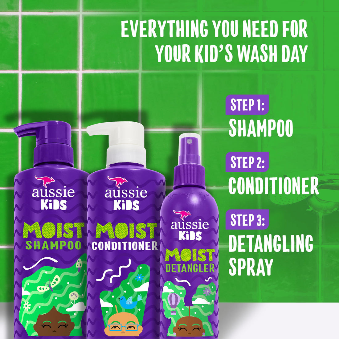 Aussie Kids Shampoo, Conditioner, and Detangler Bundle, Sulfate Free and Paraben Free