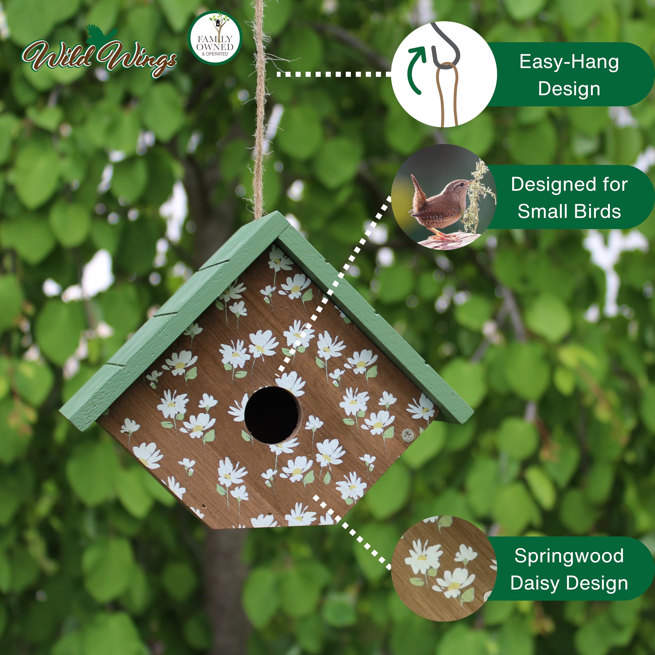 Wild Wings Decorative Wren House Springwood Daisy, Green