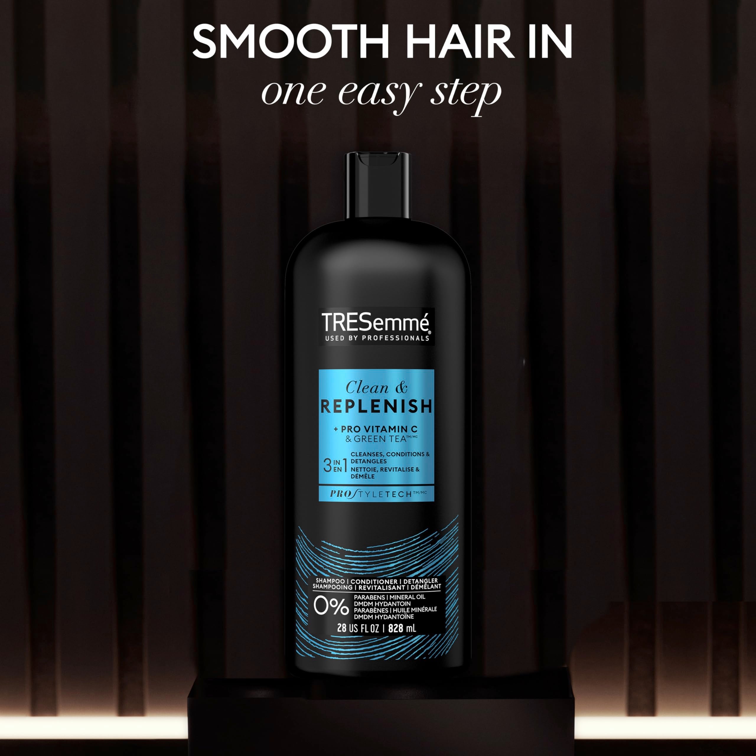 TRESemmé 3-in-1 Shampoo, Conditioner, & Detangler Clean & Replenish Pack of 3 to Cleanse, Condition, & Detangle, with Pro Vitamin C & Green Tea, 28 oz