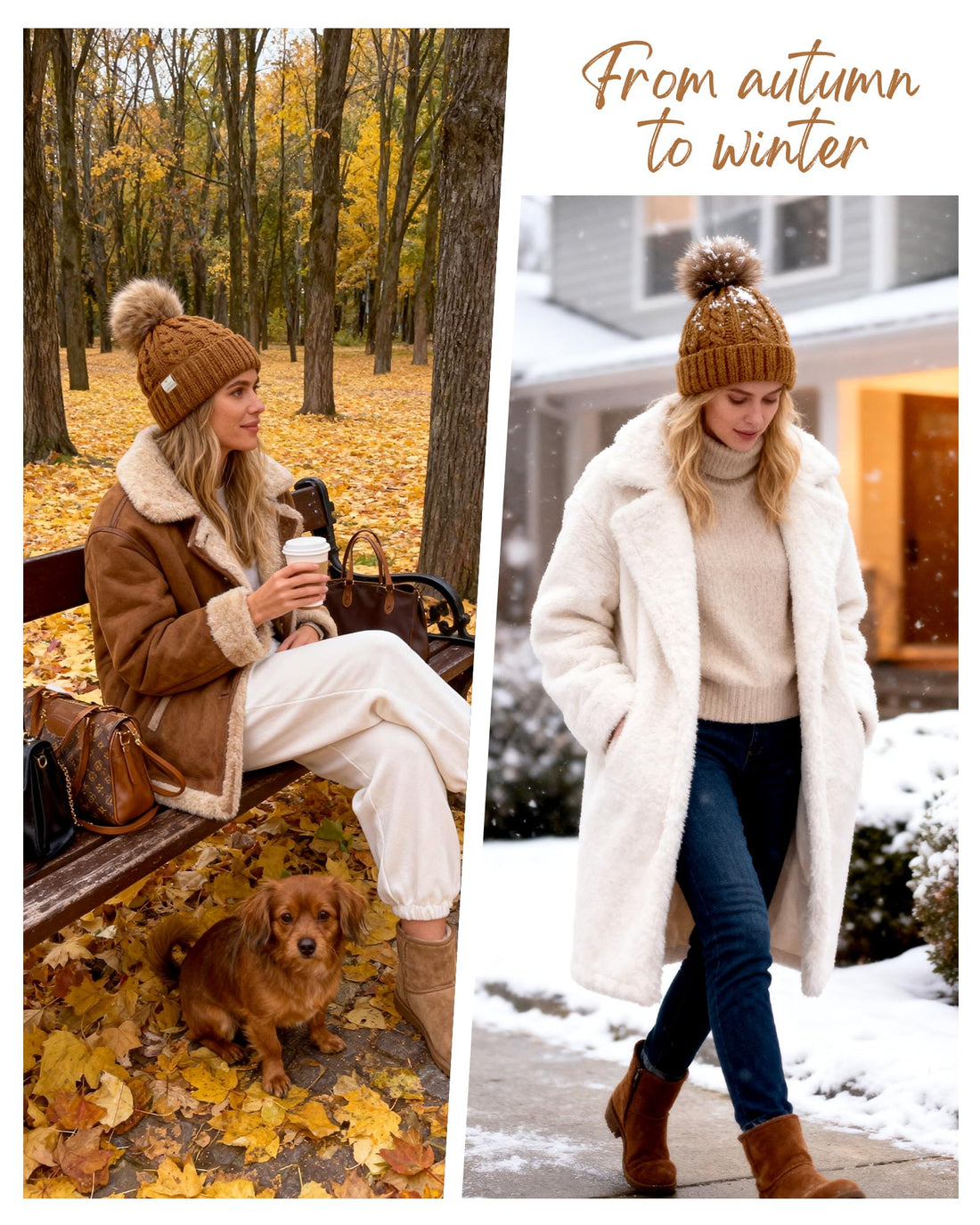 YANIBEST Womens Winter Beanie Hat Satin Lined Knitted Beanie Hat Warm Soft Ski Cuff Cap with Pom Pom Camel