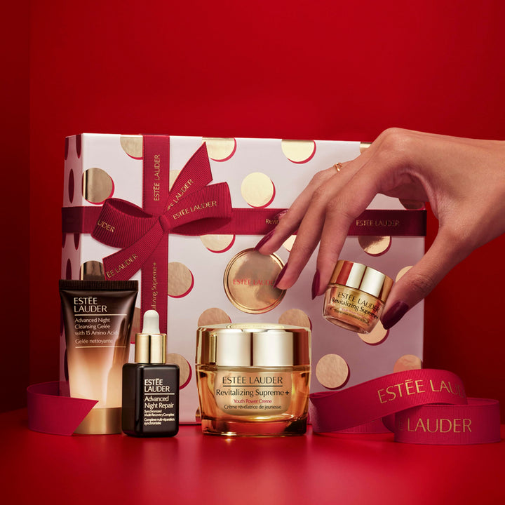 Estée Lauder Revitalizing Supreme+ Holiday Skincare Gift Set | The Lift + Firm Routine | Includes Full-Size Moisturizer 1.7 Ounce + Cleanser 1 Fl Oz, Eye Cream 0.17 Ounce, Face Serum 0.5 Fl Oz