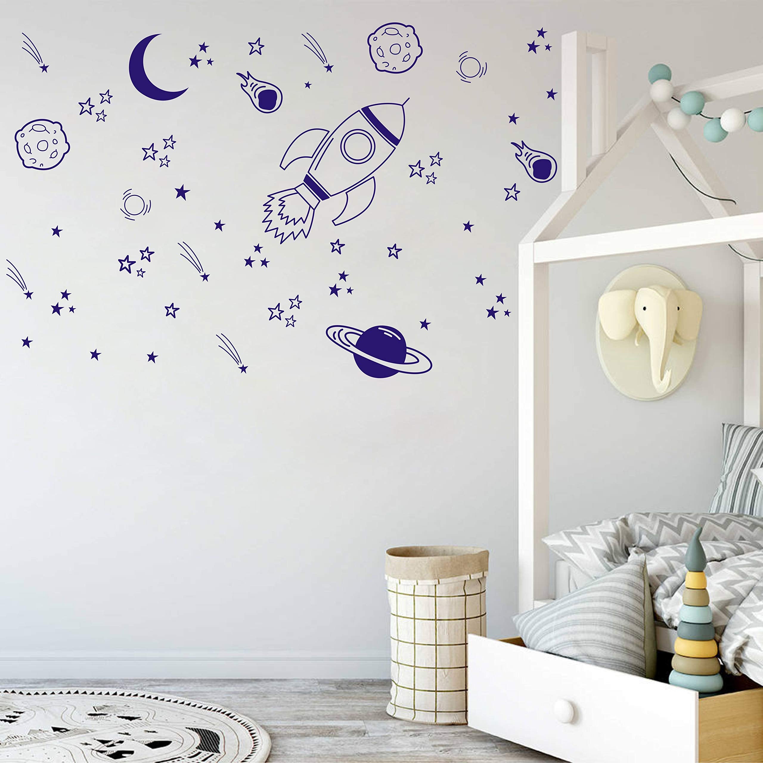 Nursery Wall Decor - Rocket & Space Ship Decals, Planets, Blue (A37)