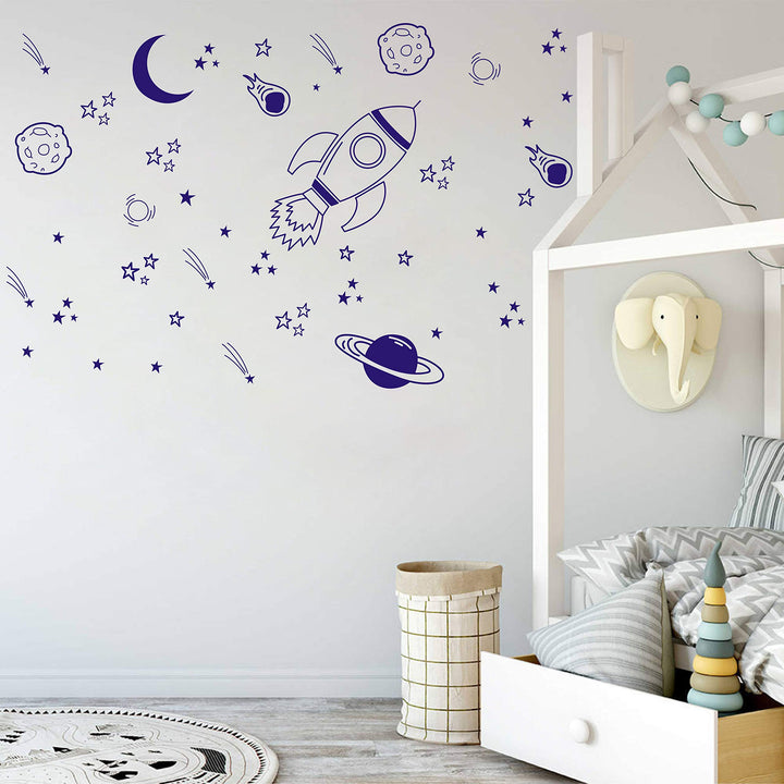 Nursery Wall Decor - Rocket & Space Ship Decals, Planets, Blue (A37)