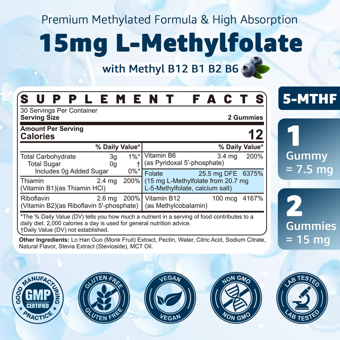 L-MethylFolate 15mg & Methyl B12 Gummies, Methylated B1, B2, B6 Multivitamins - Active 5-MTHF & High Absorption - Supports MTHFR Gene, Cognition, Homocysteine Levels, Folate Metabolism, Vegan, 120 Cts