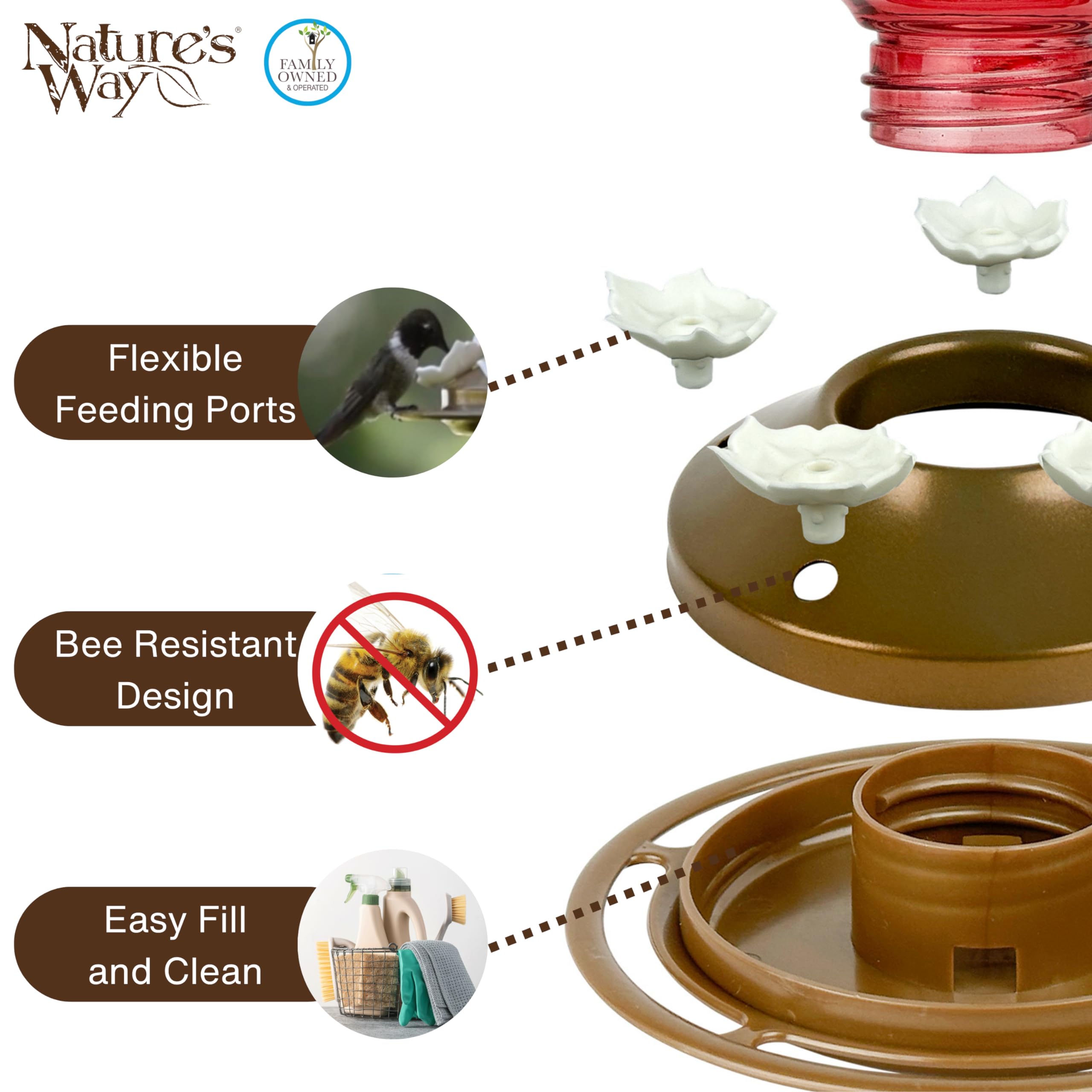 Nature's Way Hanging Glass Hummingbird Feeder for Outdoor Decor, 25 Ounce Capacity Nectar Feeder, 5 Easy to Clean Flexible Ports, Red