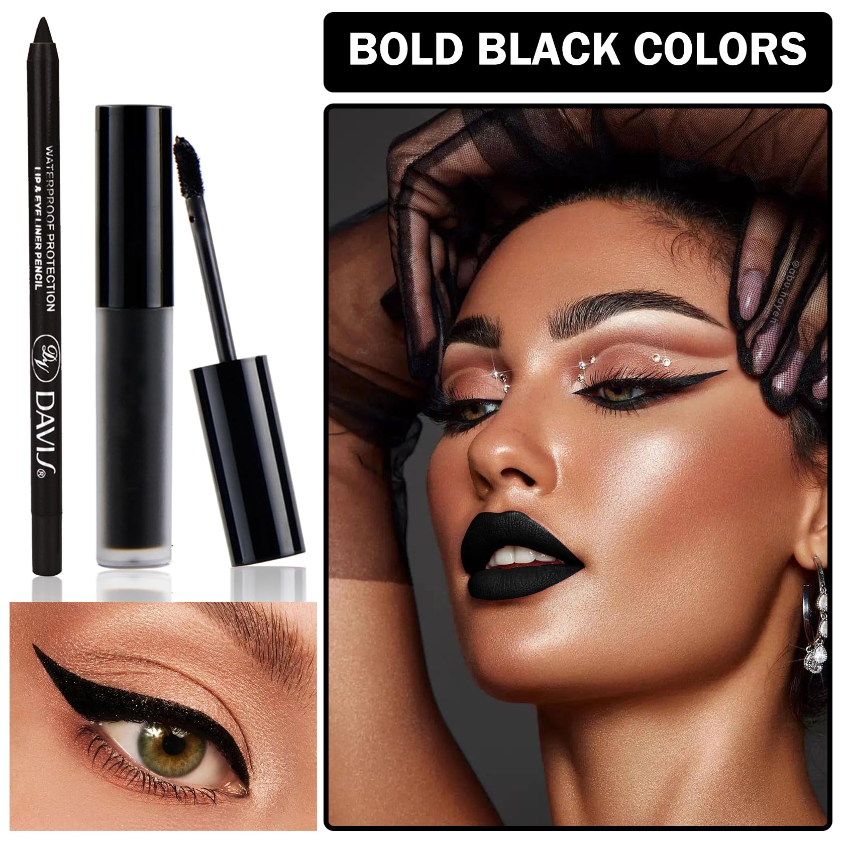 QIUFSSE Black Matte Lipstick and Lip Liner Pencil Set - Liquid Lipstick, Long-lasting, Suitable for Halloween, Goth Cosplay Makeup