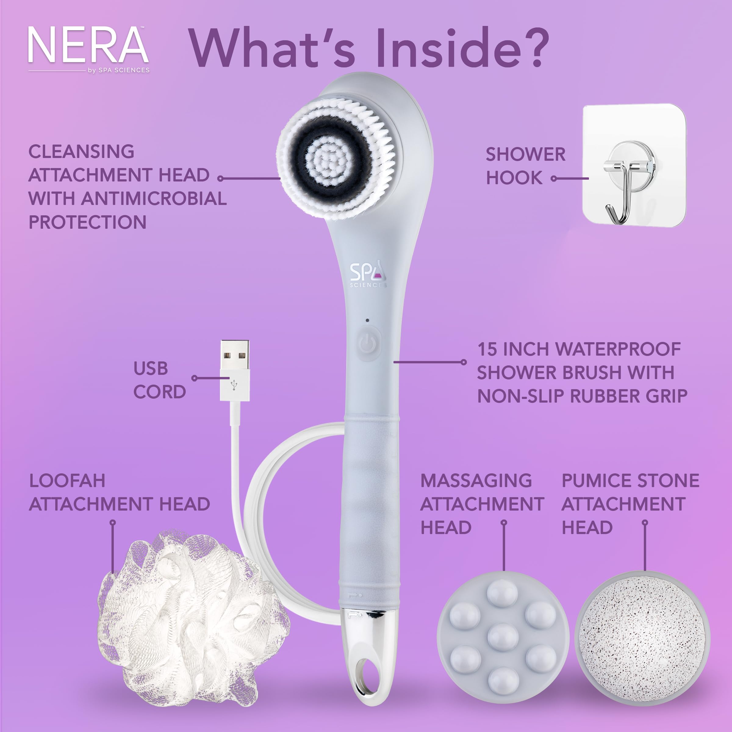 Spa Sciences NERA Shower Body Brush - 4-in-1 Multifunction Treatment - for Improved Exfoliation, Cleansing, Massaging - Includes Body Brush, Loofah, Pumice Stone, Massage Head - All Skin Types